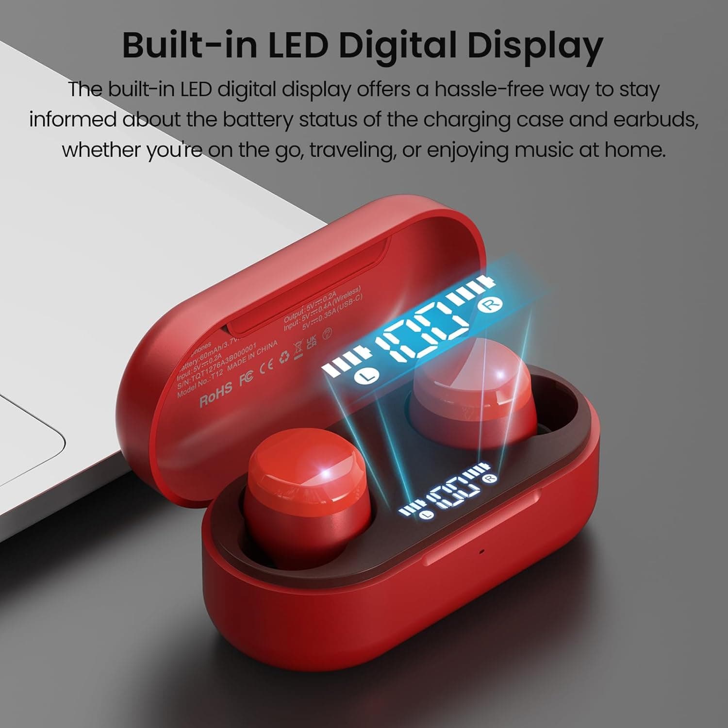 ایرباد بی‌سیم TOZO T12 هدفون Bluetooth 5.3 با میکروفون داخلی ENC Noise Cancelling، ۵۵ ساعت زمان پخش، نمایشگر دیجیتال LED با کیس شارژ بی‌سیم، کنترل از طریق App، صدای فراگیر و باکیفیت، نسخه قرمز کامپکت ارگونومیک Red 2652