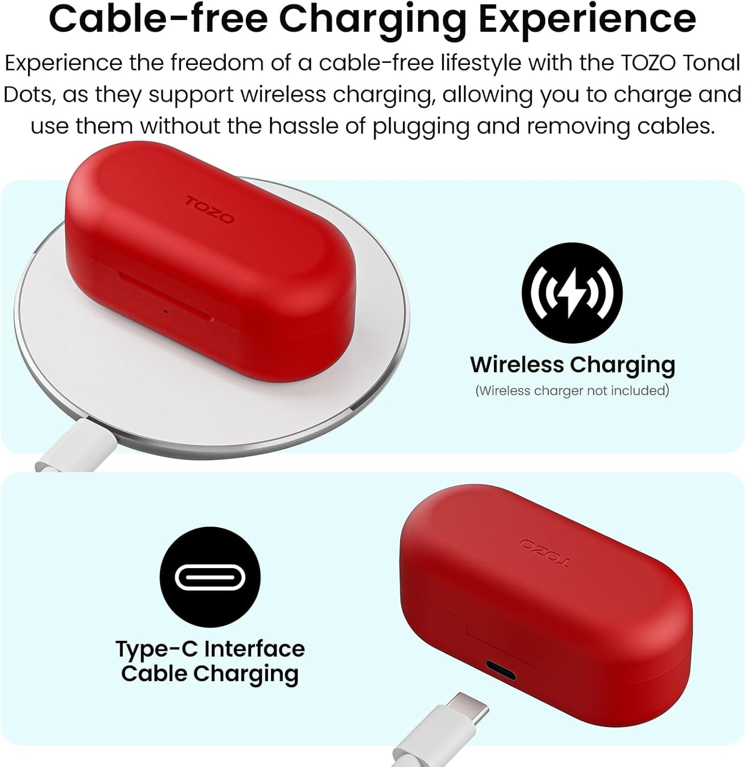 ایرباد بی‌سیم TOZO T12 هدفون Bluetooth 5.3 با میکروفون داخلی ENC Noise Cancelling، ۵۵ ساعت زمان پخش، نمایشگر دیجیتال LED با کیس شارژ بی‌سیم، کنترل از طریق App، صدای فراگیر و باکیفیت، نسخه قرمز کامپکت ارگونومیک Red 2655