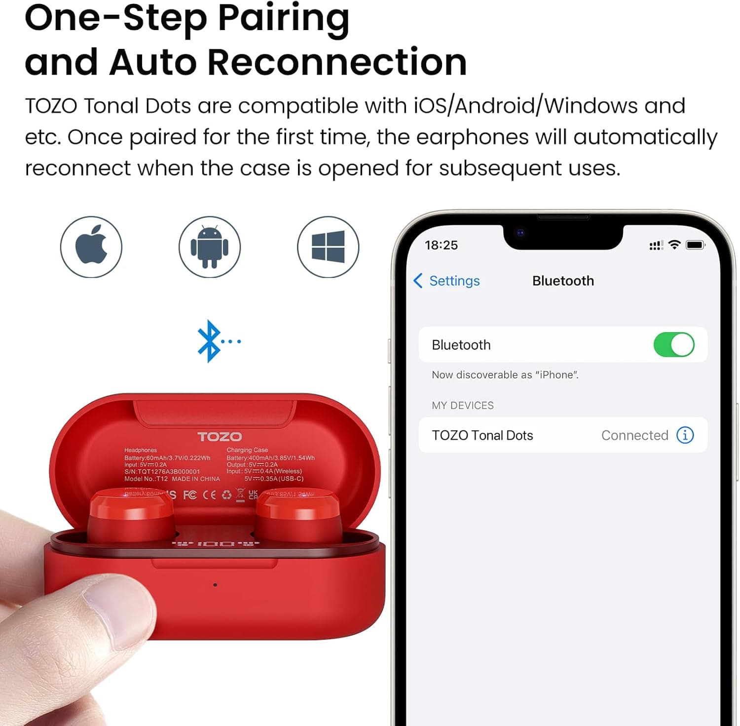ایرباد بی‌سیم TOZO T12 هدفون Bluetooth 5.3 با میکروفون داخلی ENC Noise Cancelling، ۵۵ ساعت زمان پخش، نمایشگر دیجیتال LED با کیس شارژ بی‌سیم، کنترل از طریق App، صدای فراگیر و باکیفیت، نسخه قرمز کامپکت ارگونومیک Red 2657