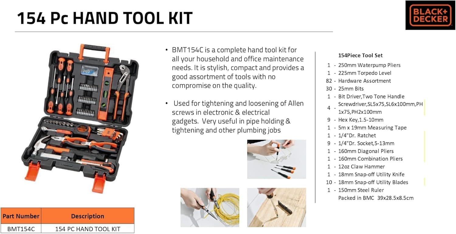 کیف ابزار دستی ۱۵۴ تکه BLACK+DECKER برای استفاده در خانه و دفتر مدل BMT154C 2749