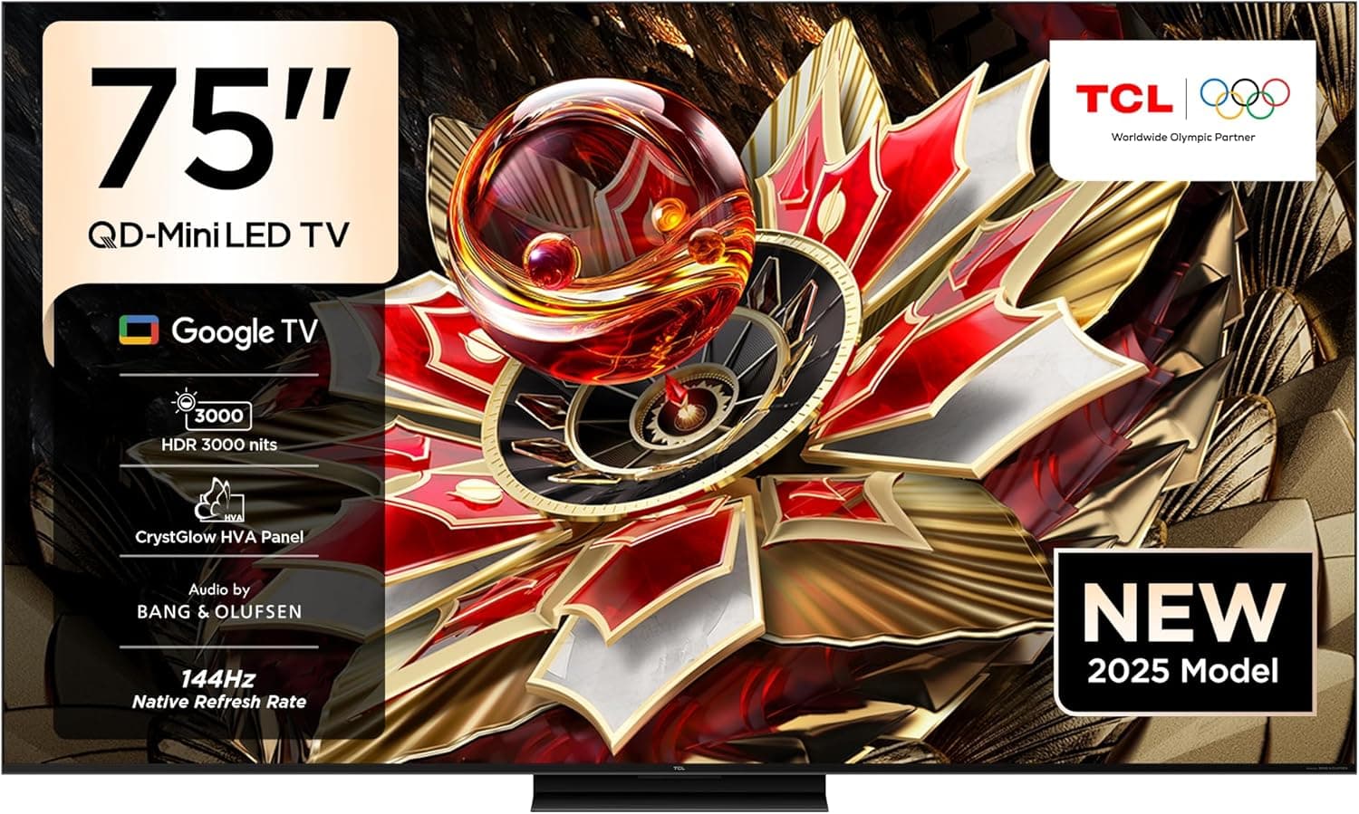 تلویزیون TCL 75Q7C سایز 75 اینچ Smart TV 4K QD-Mini LED با رنگ‌های زنده Quantum Crystal و HDR با روشنایی 3000nits مناسب برای Gaming، مجهز به Google TV، نرخ نوسازی Native 144Hz، سیستم صوتی توسط Bang & Olufsen، پشتیبانی از Dolby Atmos، قابلیت Game Master (مدل 2025) 75 اینچ سری Q7C با QD Mini LED 4K 2822