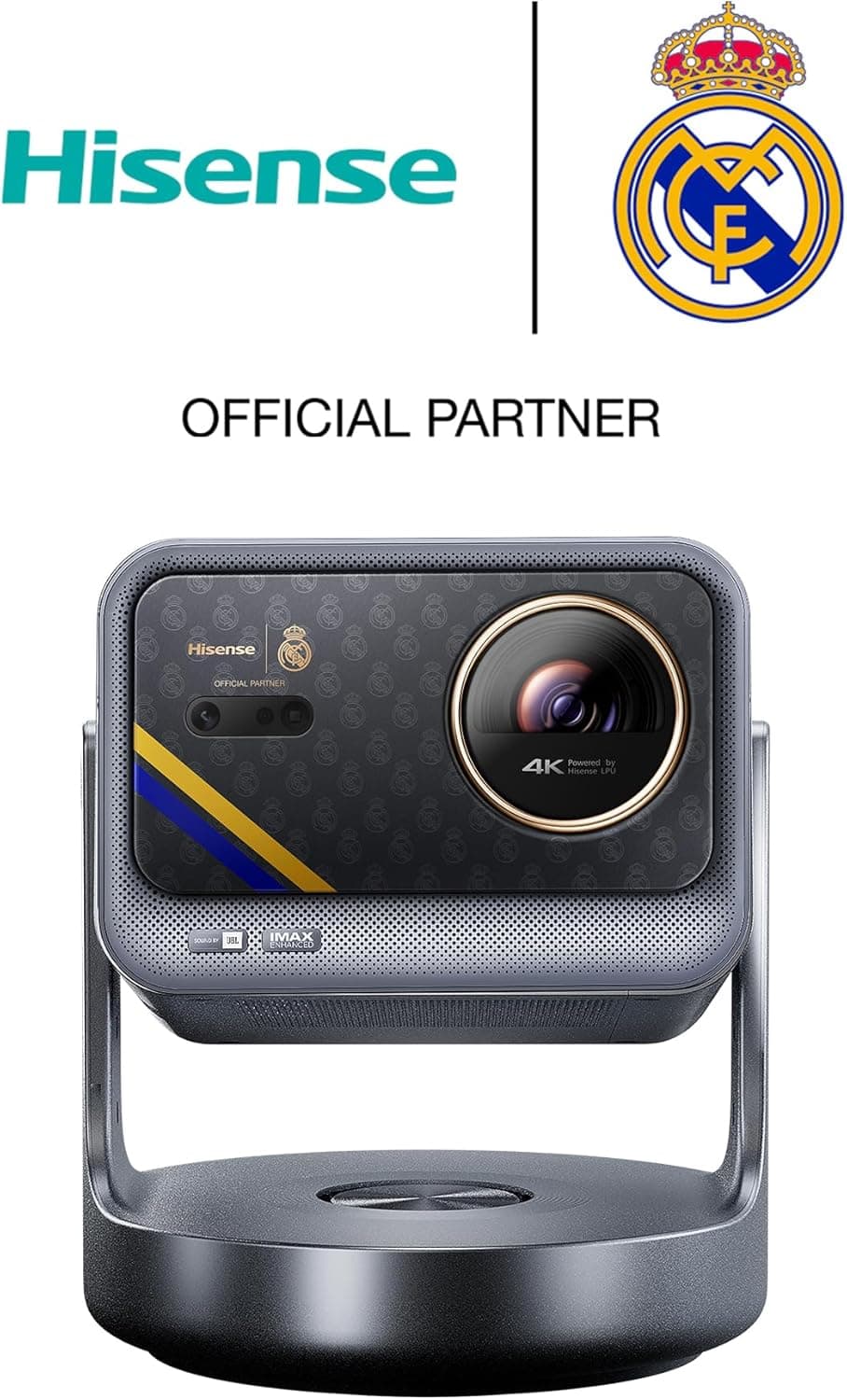 ویدئو پروژکتور قابل حمل مینی Hisense C2 Ultra Real Madrid Edition 4K UHD Triple Color RGB Laser، از 65 تا 300 اینچ، روشنایی 3000 ANSI Lumens، گستره رنگی وسیع 110% BT.2020 Wide Color Gamut، پشتیبانی از Dolby Vision، صدای Sound by JBL، دارای Netflix، مجهز به WIFI 6E، مدل C2 Ultra Madrid Portable 2849