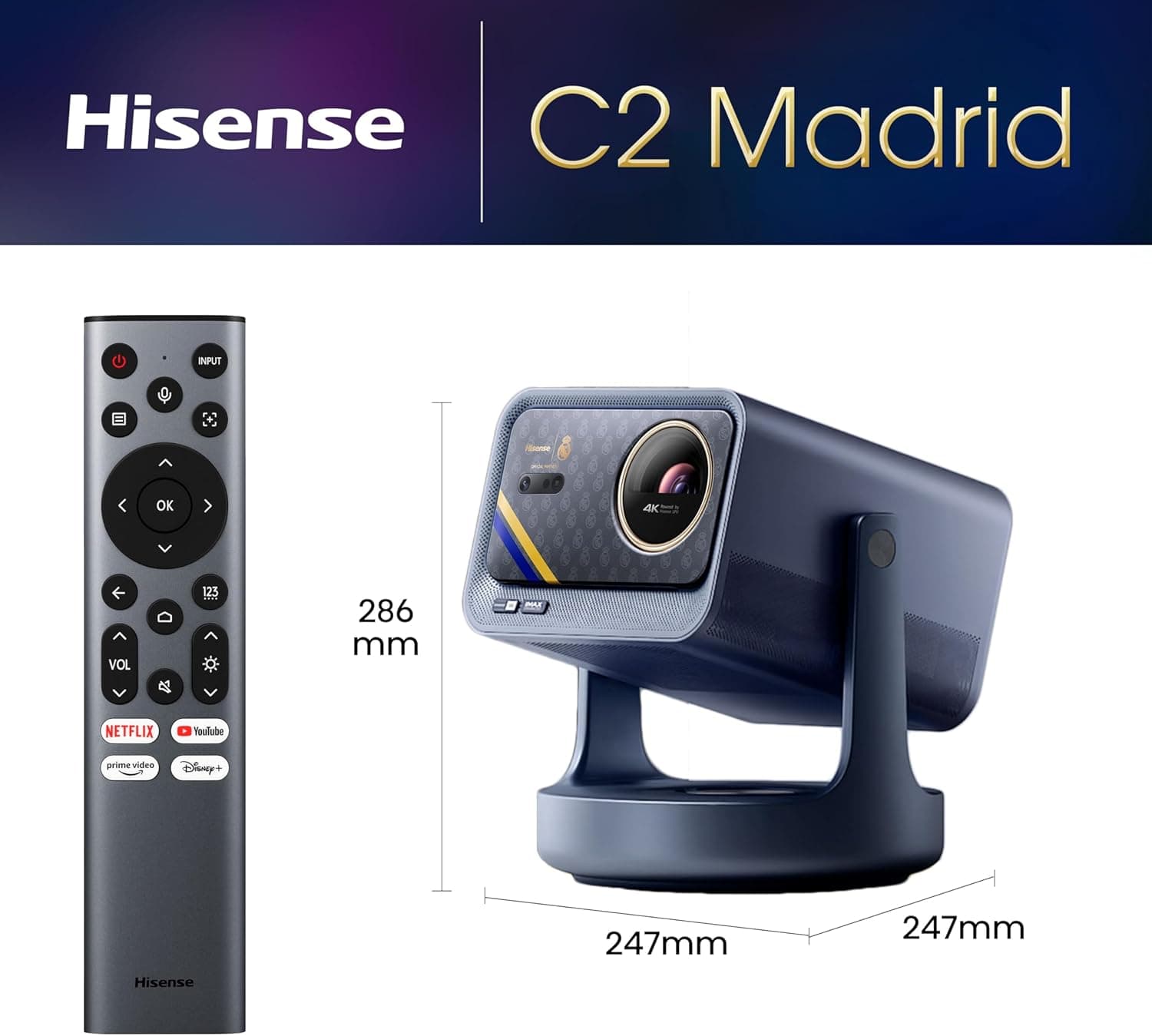 ویدئو پروژکتور قابل حمل مینی Hisense C2 Ultra Real Madrid Edition 4K UHD Triple Color RGB Laser، از 65 تا 300 اینچ، روشنایی 3000 ANSI Lumens، گستره رنگی وسیع 110% BT.2020 Wide Color Gamut، پشتیبانی از Dolby Vision، صدای Sound by JBL، دارای Netflix، مجهز به WIFI 6E، مدل C2 Ultra Madrid Portable 2852