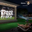 ویدئو پروژکتور قابل حمل مینی Hisense C2 Ultra Real Madrid Edition 4K UHD Triple Color RGB Laser، از 65 تا 300 اینچ، روشنایی 3000 ANSI Lumens، گستره رنگی وسیع 110% BT.2020 Wide Color Gamut، پشتیبانی از Dolby Vision، صدای Sound by JBL، دارای Netflix، مجهز به WIFI 6E، مدل C2 Ultra Madrid Portable 2853