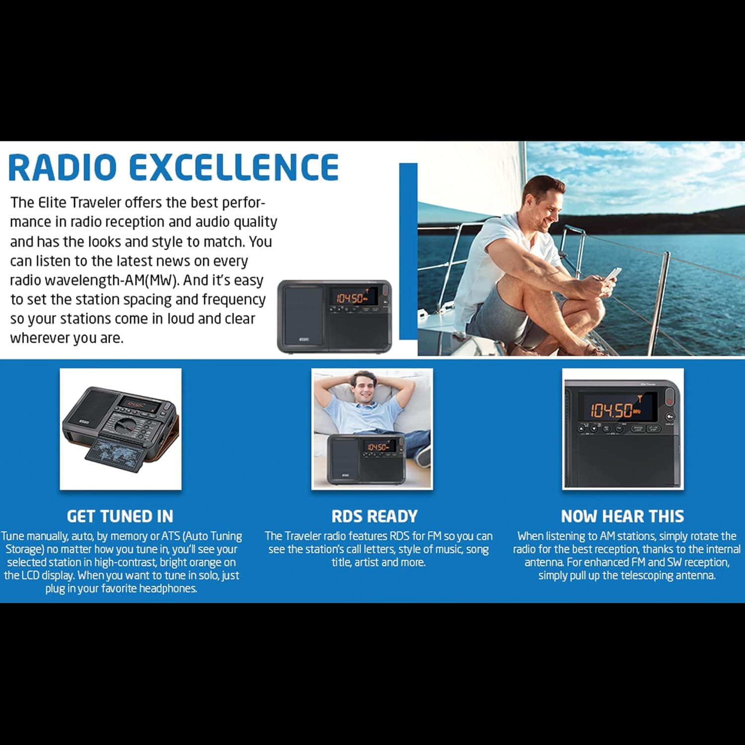 ایتون - رادیوی Elite Traveler با AM/FM/LW/موج کوتاه همراه با RDS و کاور حمل چرمی سفارشی، حافظه 500 ایستگاه، تایمر خواب، تنظیم زمان محلی/جهانی، قابلیت Snooze، نمایشگر LCD نارنجی، جک هدفون 2868