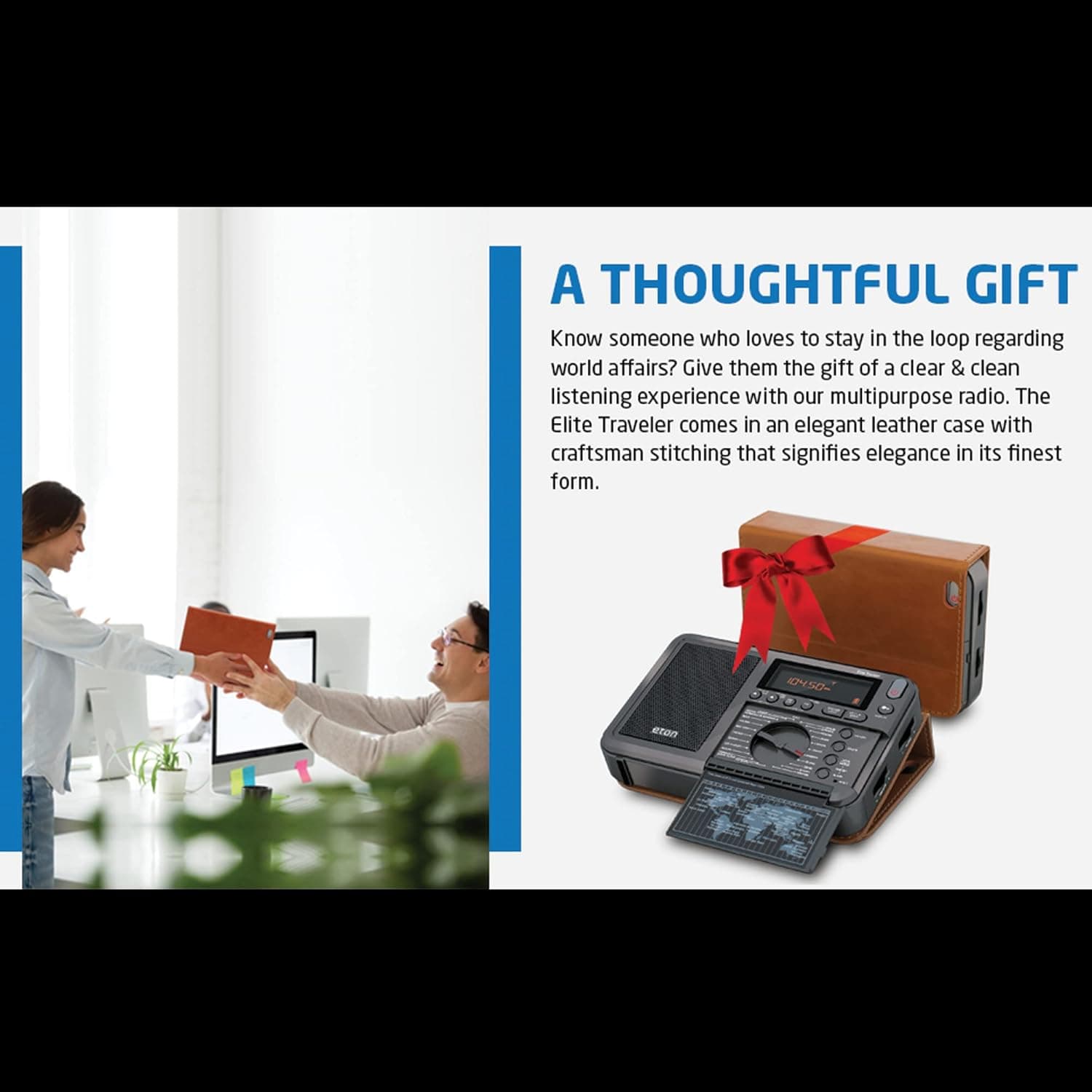 ایتون - رادیوی Elite Traveler با AM/FM/LW/موج کوتاه همراه با RDS و کاور حمل چرمی سفارشی، حافظه 500 ایستگاه، تایمر خواب، تنظیم زمان محلی/جهانی، قابلیت Snooze، نمایشگر LCD نارنجی، جک هدفون 2870