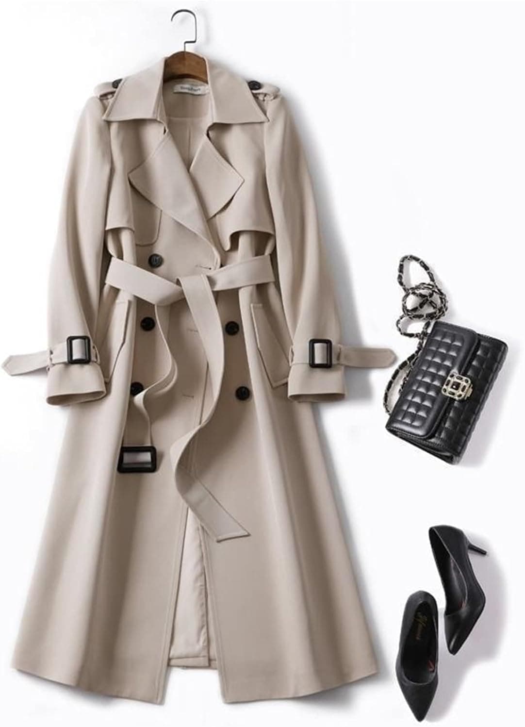 پالتو بارانی زنانه PROPFE، سبک کره‌ای، پالتو مد روز، دو ردیف دکمه، بلند با کمربند، پالتوی شیک، مناسب دفتر، بادگیر (رنگ: Hortel�، سایز: Medium) M Hortel� 2929