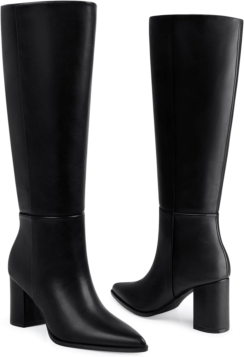 بوت زنانه تا زانو: بوت بلند راحت با پنجه نوک‌تیز، پاشنه Chunky، مناسب ساق پهن، بوت بلند مد پاییز و زمستان برای دفتر، مهمانی و قرار، سایز 38 EU، رنگ مشکی، جنس Pu 2947