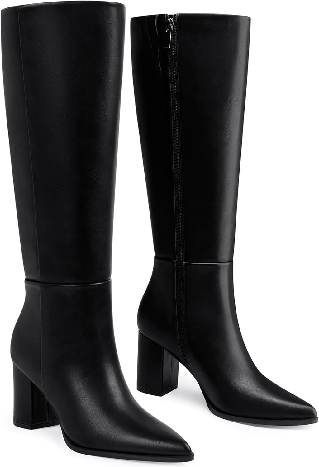 بوت زنانه تا زانو: بوت بلند راحت با پنجه نوک‌تیز، پاشنه Chunky، مناسب ساق پهن، بوت بلند مد پاییز و زمستان برای دفتر، مهمانی و قرار، سایز 38 EU، رنگ مشکی، جنس Pu 2948