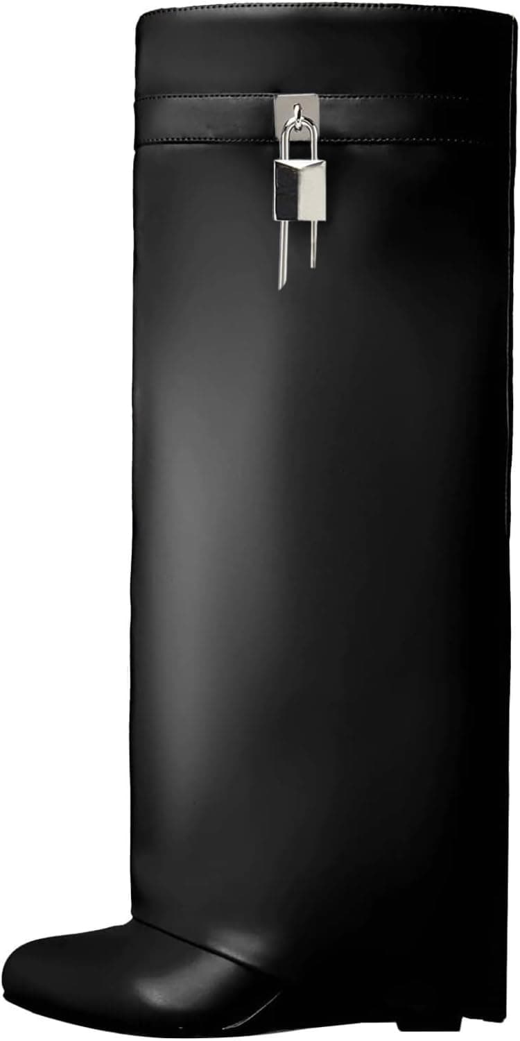 بوت‌های تاشو Yishaweiqi ساق‌گشاد با پاشنه Wedge تا زانو با قفل تزیینی سایز 38 EU مشکی 2977