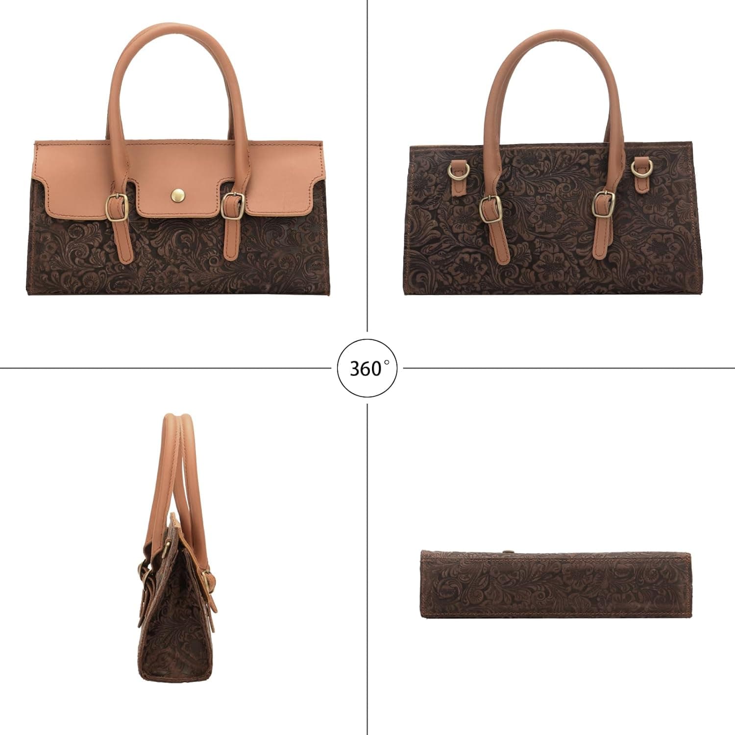 کیف زنانه دستی Tote از چرم طبیعی حکاکی‌شده، کیف دستی western، کیف پول، کیف دستی کوچک Mini Tote، کیف دوشی کوچک برای زنان (قهوه‌ای) 3012