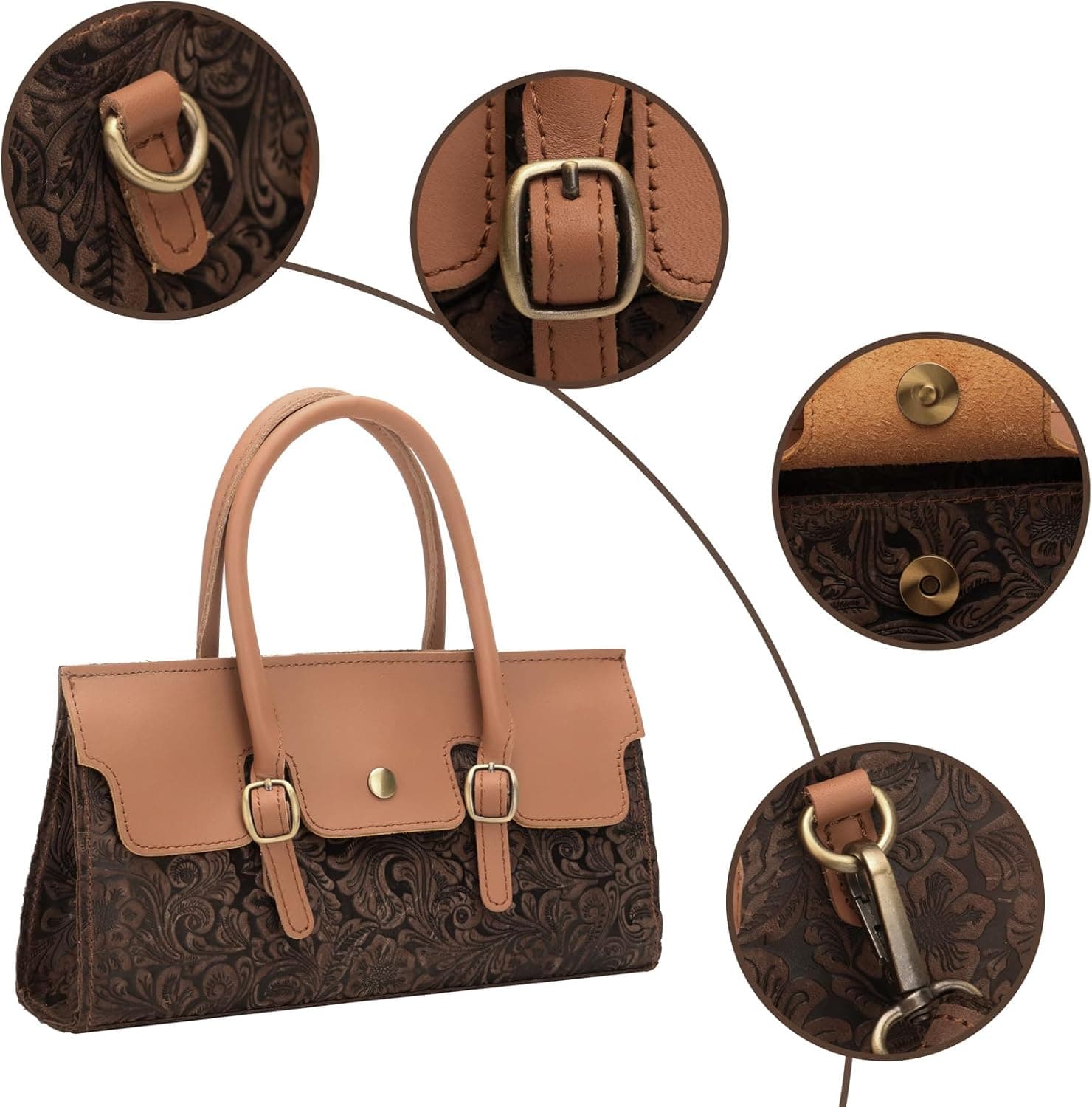 کیف زنانه دستی Tote از چرم طبیعی حکاکی‌شده، کیف دستی western، کیف پول، کیف دستی کوچک Mini Tote، کیف دوشی کوچک برای زنان (قهوه‌ای) 3013