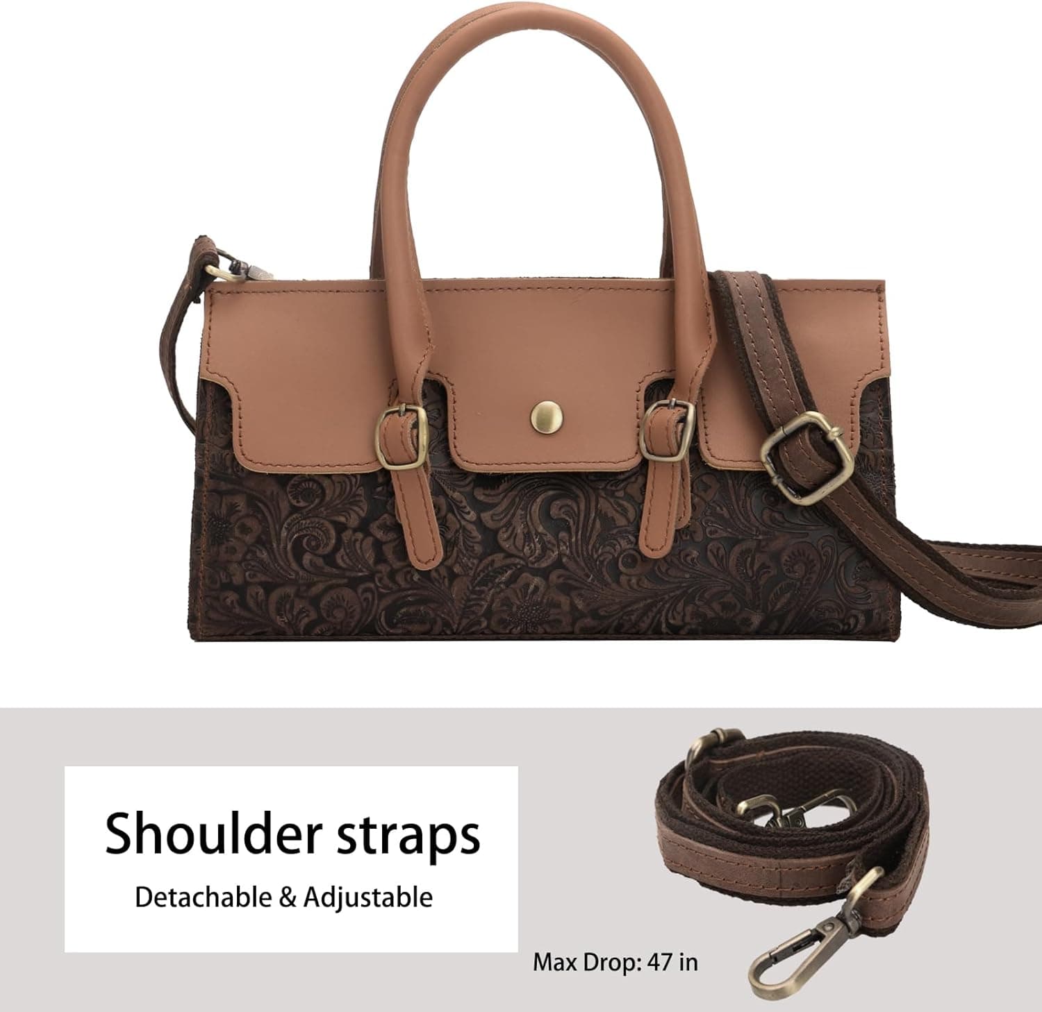 کیف زنانه دستی Tote از چرم طبیعی حکاکی‌شده، کیف دستی western، کیف پول، کیف دستی کوچک Mini Tote، کیف دوشی کوچک برای زنان (قهوه‌ای) 3015