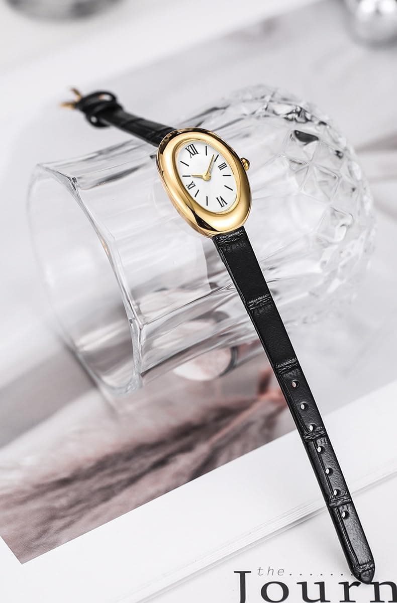 ساعت دستبندی زنانه MASTOP - ساعت دستبندی با صفحه بیضی 24 میلی‌متری شیک - ساعت مچی کوارتز به سبک جواهرات طلایی - هدیه برای او، مشکی A 3052