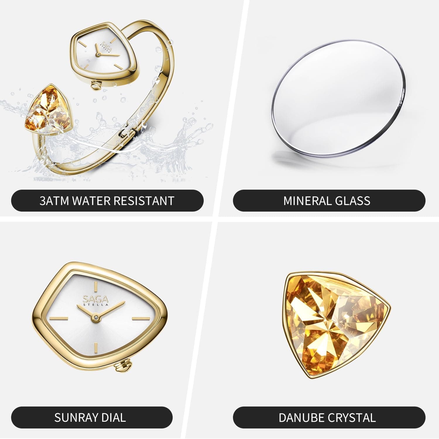 ساعت کوارتز لوکس زنانه SAGA Phantom مدل Cuff Bangle، با قاب مثلثی، موتور ژاپنی، مقاوم در برابر آب تا 30M، دستبند استیل ضدزنگ 316L با کریستال‌های Danube، سایز بزرگ، رنگ Gold/Illusory Crystal 3059