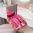 ست ۵ عددی براش آرایشی مسافرتی - ست براش آرایش مینی قابل حمل مخصوص سفر به همراه جعبه آینه‌دار برای فوندیشن، رژگونه و سایه چشم، رنگ رز قرمز 3153