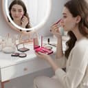 ست ۵ عددی براش آرایشی مسافرتی - ست براش آرایش مینی قابل حمل مخصوص سفر به همراه جعبه آینه‌دار برای فوندیشن، رژگونه و سایه چشم، رنگ رز قرمز 3154