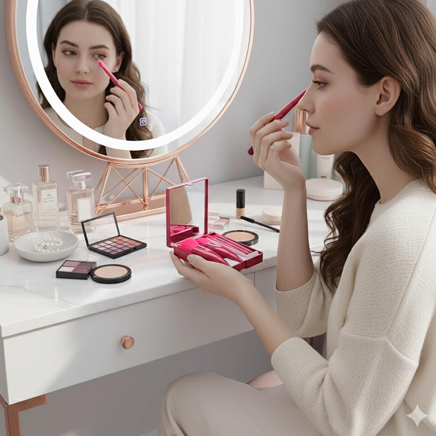 ست ۵ عددی براش آرایشی مسافرتی - ست براش آرایش مینی قابل حمل مخصوص سفر به همراه جعبه آینه‌دار برای فوندیشن، رژگونه و سایه چشم، رنگ رز قرمز 3154