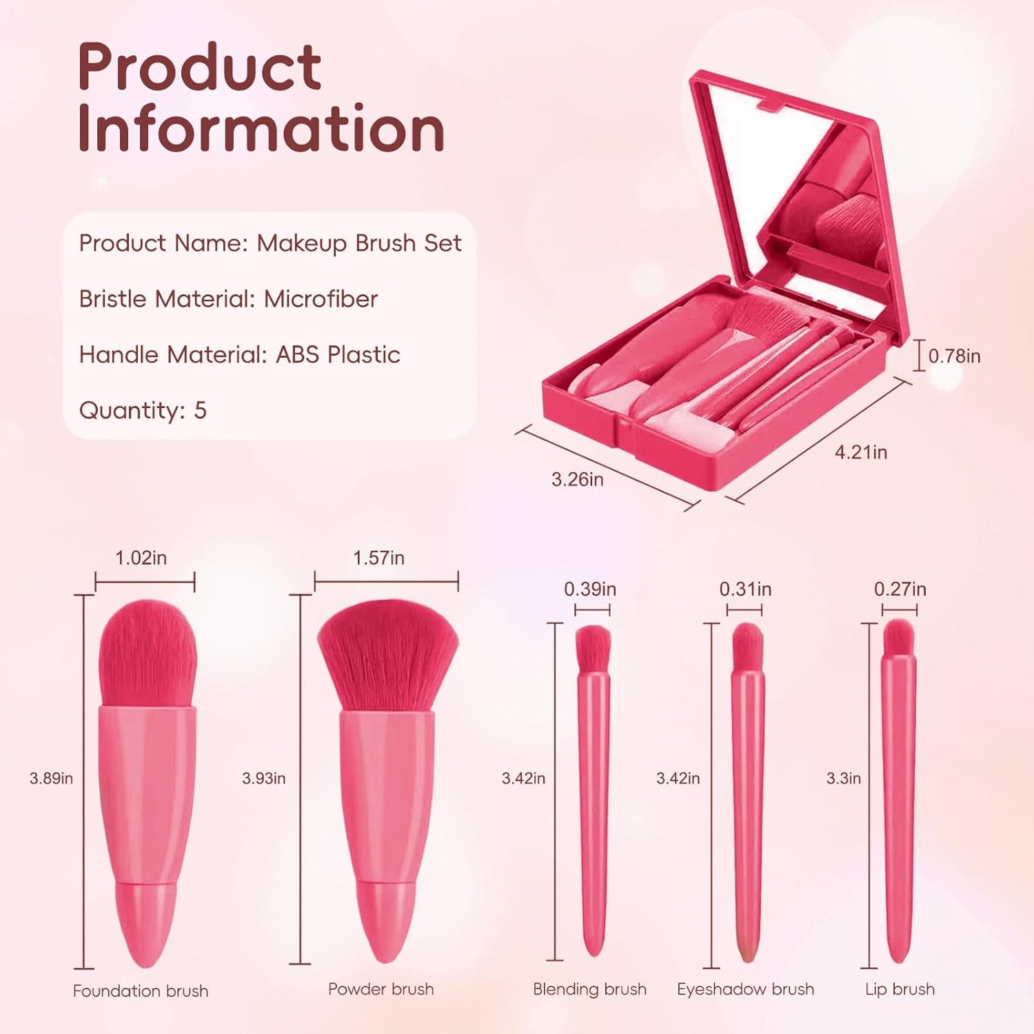 ست ۵ عددی براش آرایشی مسافرتی - ست براش آرایش مینی قابل حمل مخصوص سفر به همراه جعبه آینه‌دار برای فوندیشن، رژگونه و سایه چشم، رنگ رز قرمز 3155