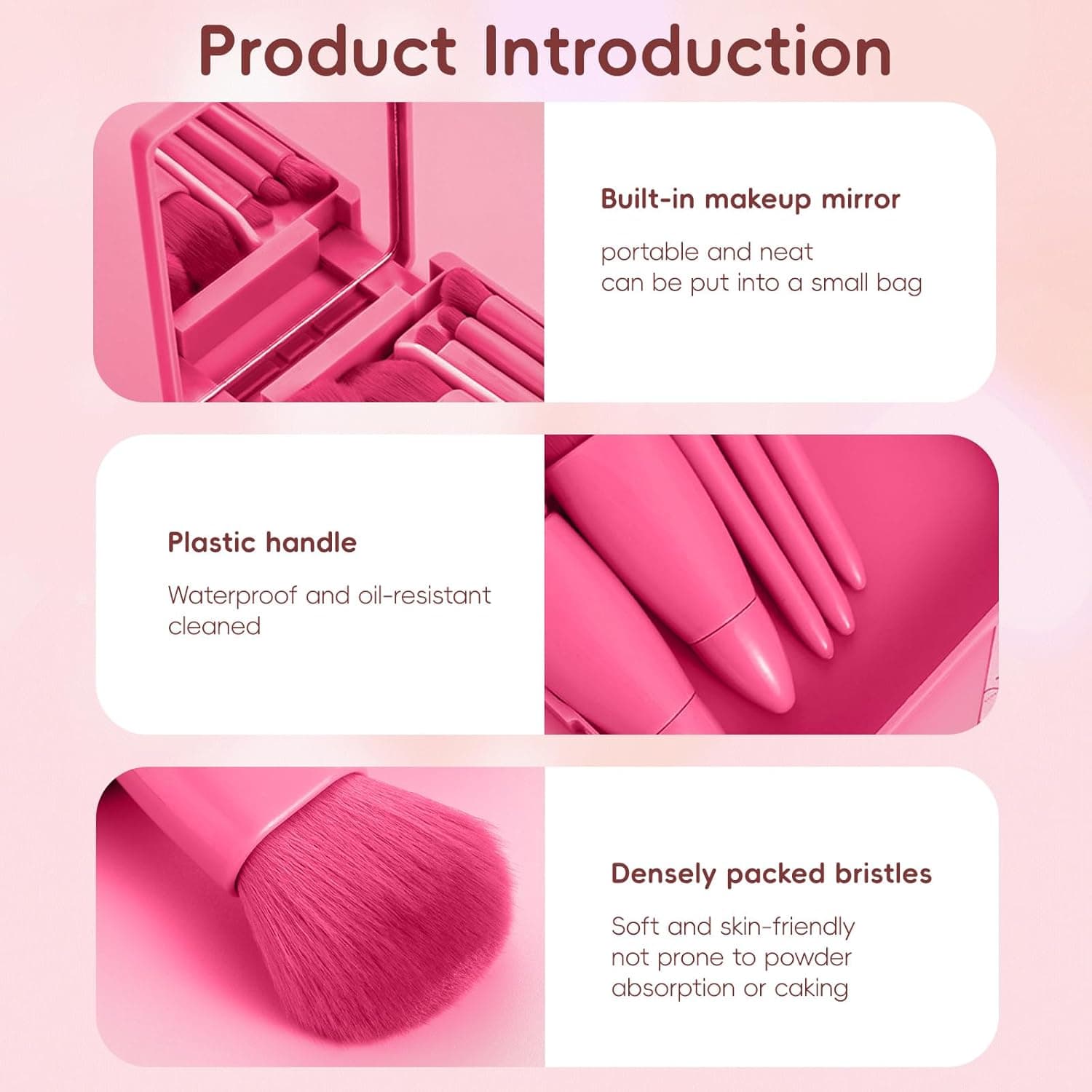 ست ۵ عددی براش آرایشی مسافرتی - ست براش آرایش مینی قابل حمل مخصوص سفر به همراه جعبه آینه‌دار برای فوندیشن، رژگونه و سایه چشم، رنگ رز قرمز 3156