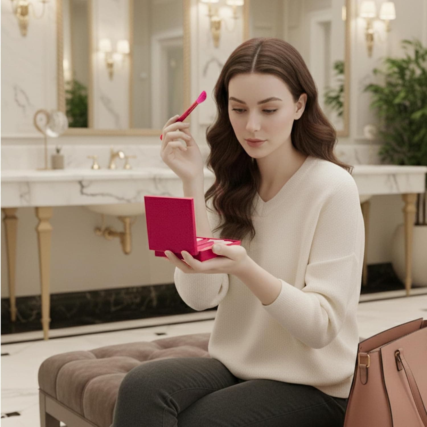 ست ۵ عددی براش آرایشی مسافرتی - ست براش آرایش مینی قابل حمل مخصوص سفر به همراه جعبه آینه‌دار برای فوندیشن، رژگونه و سایه چشم، رنگ رز قرمز 3157