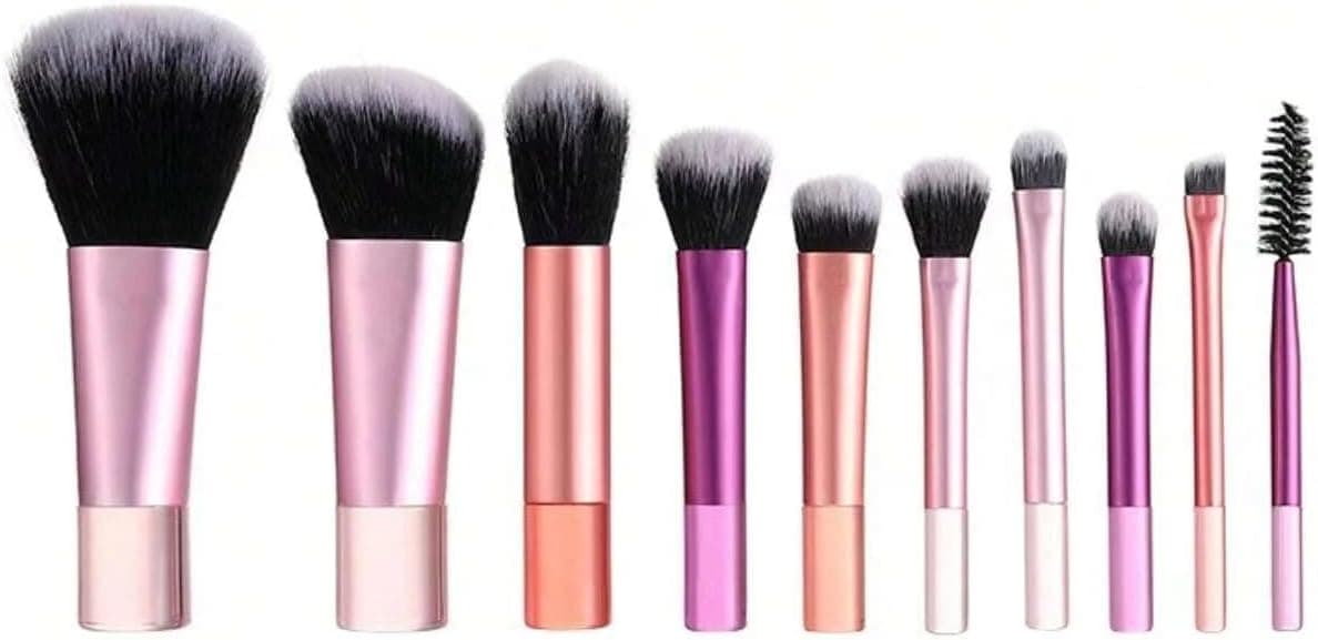 ست ۱۰ عددی براش آرایشی مینی با موهای مصنوعی نرم برای فوندیشن، رژگونه، ترکیب سایه چشم، ضد حساسیت مناسب برای انواع پوست، چندرنگ 3166