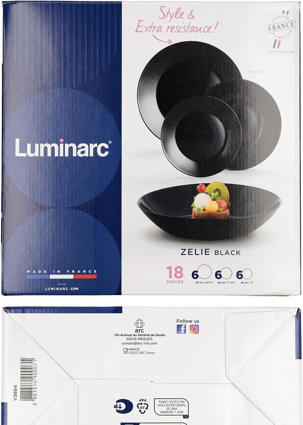 سرویس غذاخوری Luminarc ARC مدل Zelie، ۱۸ عدد بشقاب، شیشه اوپال، مشکی، قابل شستشو در ماشین ظرفشویی، شیک و ظریف 3208