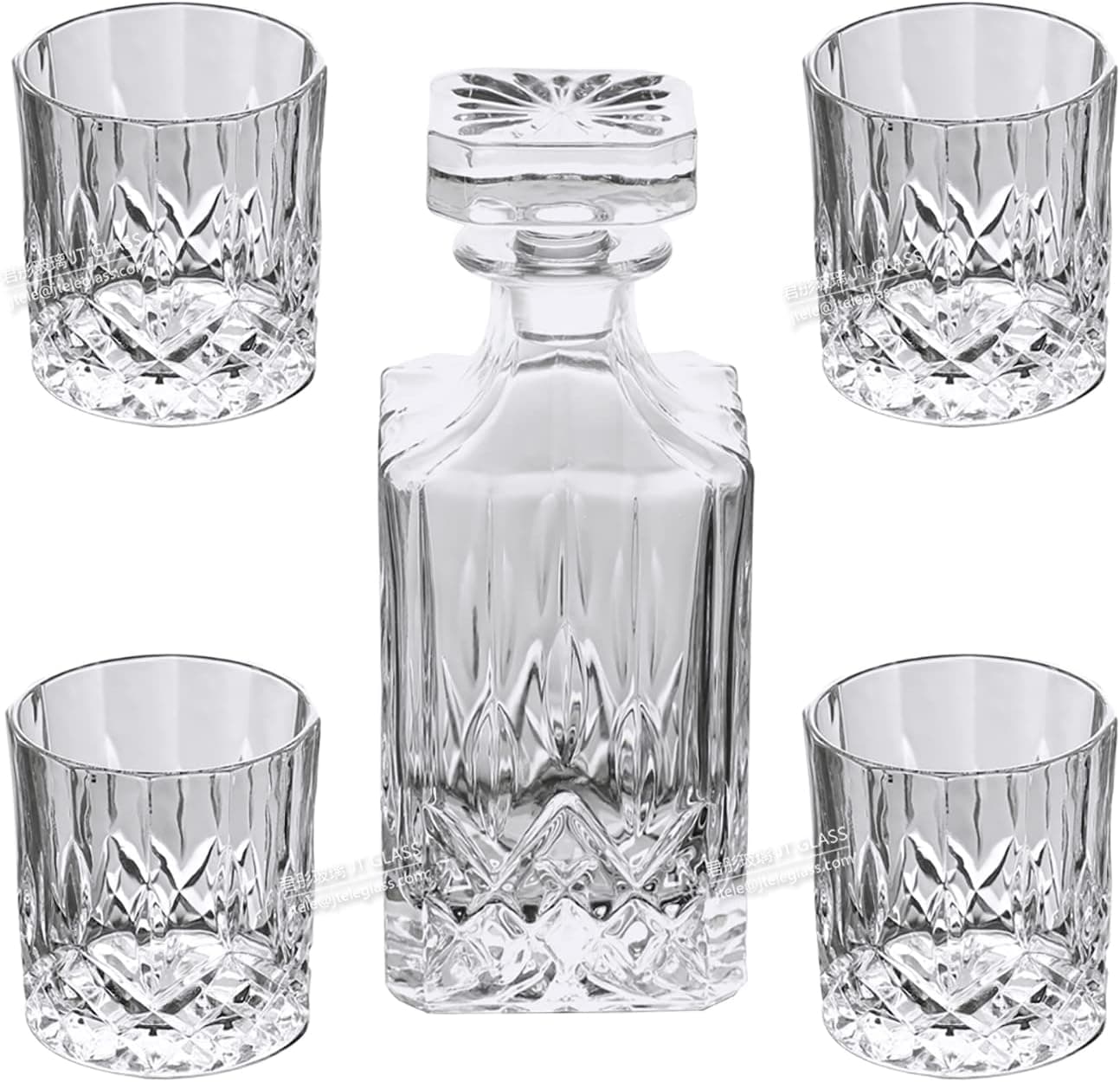ست دکانتر 5 تکه JT GLASS ست نوشیدنی شامل 4 عدد Tumbler و 1 عدد Bottle با Lid طرح شمشیر 311 میلی‌لیتر و 700 میلی‌لیتر شیشه شفاف 5 تکه دکوراسیون منزل Barware 3209
