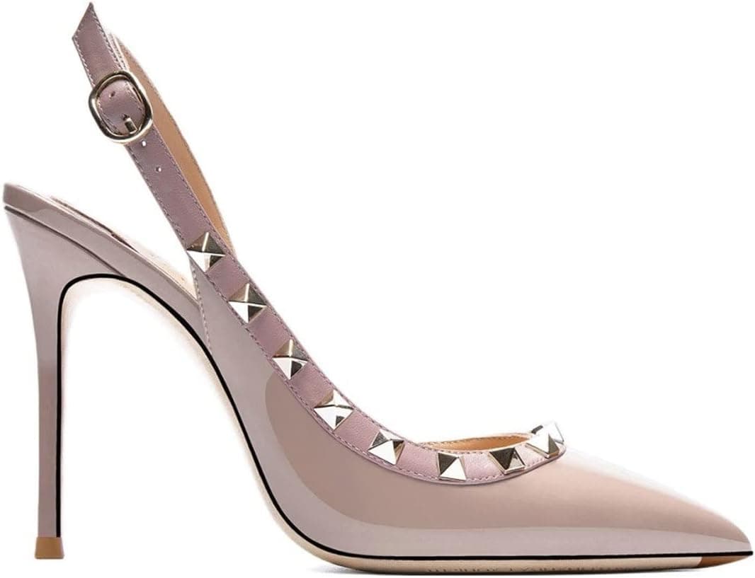 کفش پاشنه‌بلند، صندل زنانه چرمی با میخ‌کاری، پاشنه سوزنی بلند تابستانی با نوک تیز، کفش پاشنه‌بلند مجلسی زنانه (رنگ: Nude، سایز: 37) ۳۷ Nude 3313