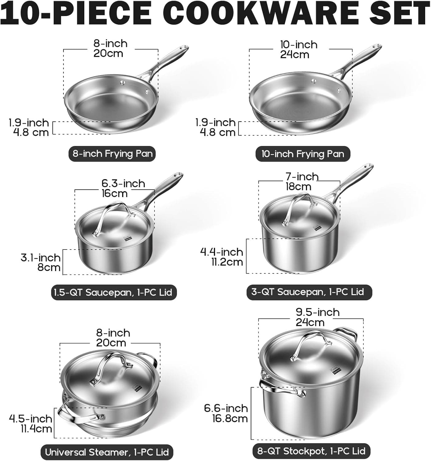 ست ۱۰ تکه قابلمه استیل چندلایه Cooks Standard مدل Multi-Ply Clad، سرویس ۱۰ تکه ظروف پخت‌وپز، رنگ نقره‌ای 3383