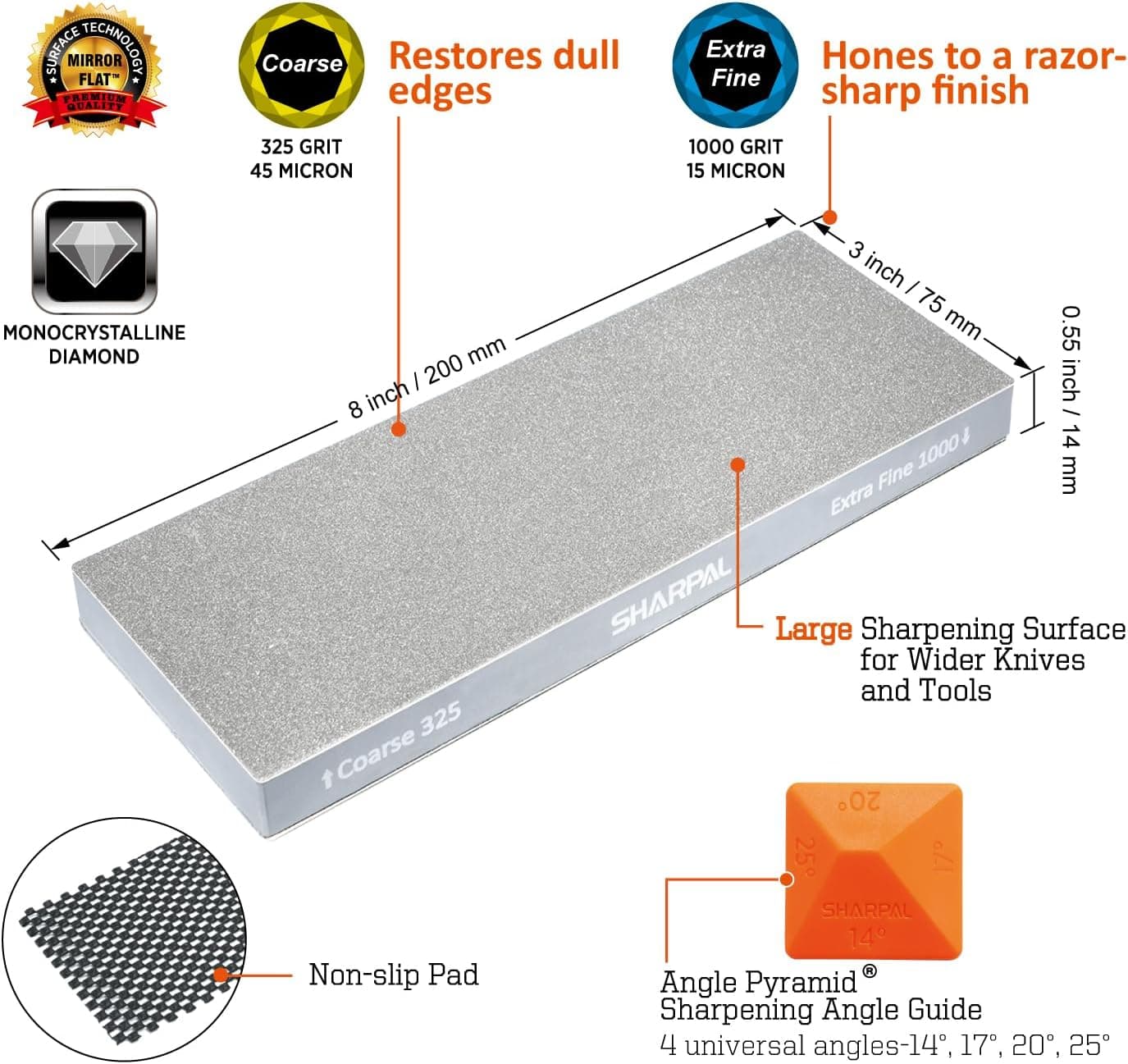 سنگ تیزکن الماس SHARPAL 168H زبر 325 / فوق‌العاده نرم 1000 سنگ دوطرفه - تیزکن حرفه‌ای چاقو با راهنمای زاویه و پایه ضدلغزش (200 x 75 میلی‌متر) دانه‌بندی 325 و 1000 3432