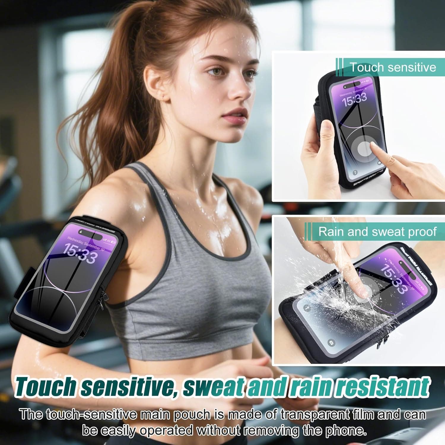 بند مچی نگهدارنده Phone برای Running، کیف Phone کراس‌بادی با محفظه شفاف Touchscreen برای Sport به همراه Carabiner Clip، بازوبند Cell Phone مناسب برای Fitness، Cycling و Hiking (مشکی) 3439