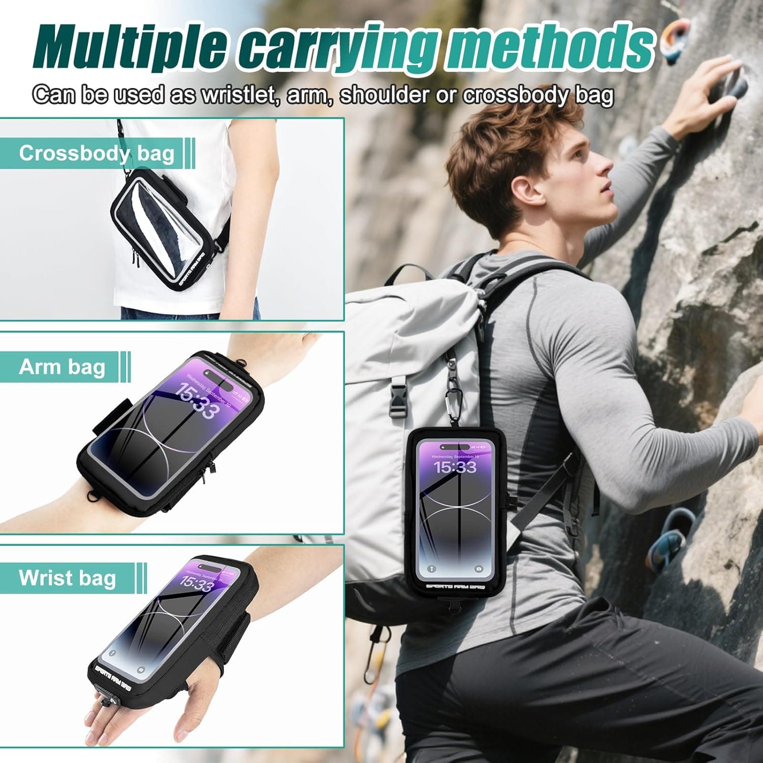 بند مچی نگهدارنده Phone برای Running، کیف Phone کراس‌بادی با محفظه شفاف Touchscreen برای Sport به همراه Carabiner Clip، بازوبند Cell Phone مناسب برای Fitness، Cycling و Hiking (مشکی) 3441