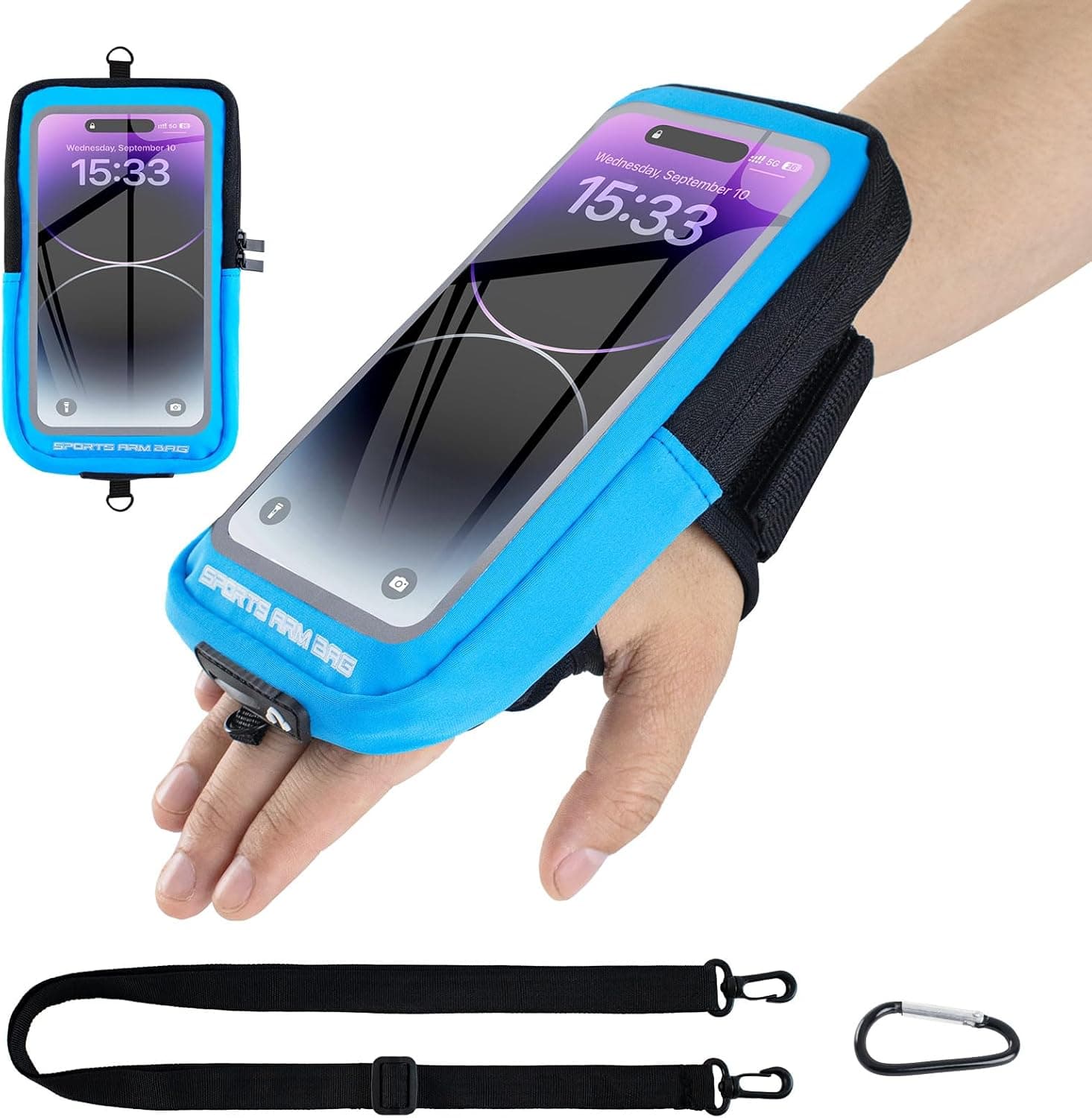 بند مچی نگهدارنده Phone برای Running، کیف Phone کراس‌بادی با محفظه شفاف Touchscreen برای Sport به همراه گیره Carabiner، بازوبند Cell Phone مناسب برای Fitness، Cycling و Hiking (آبی)