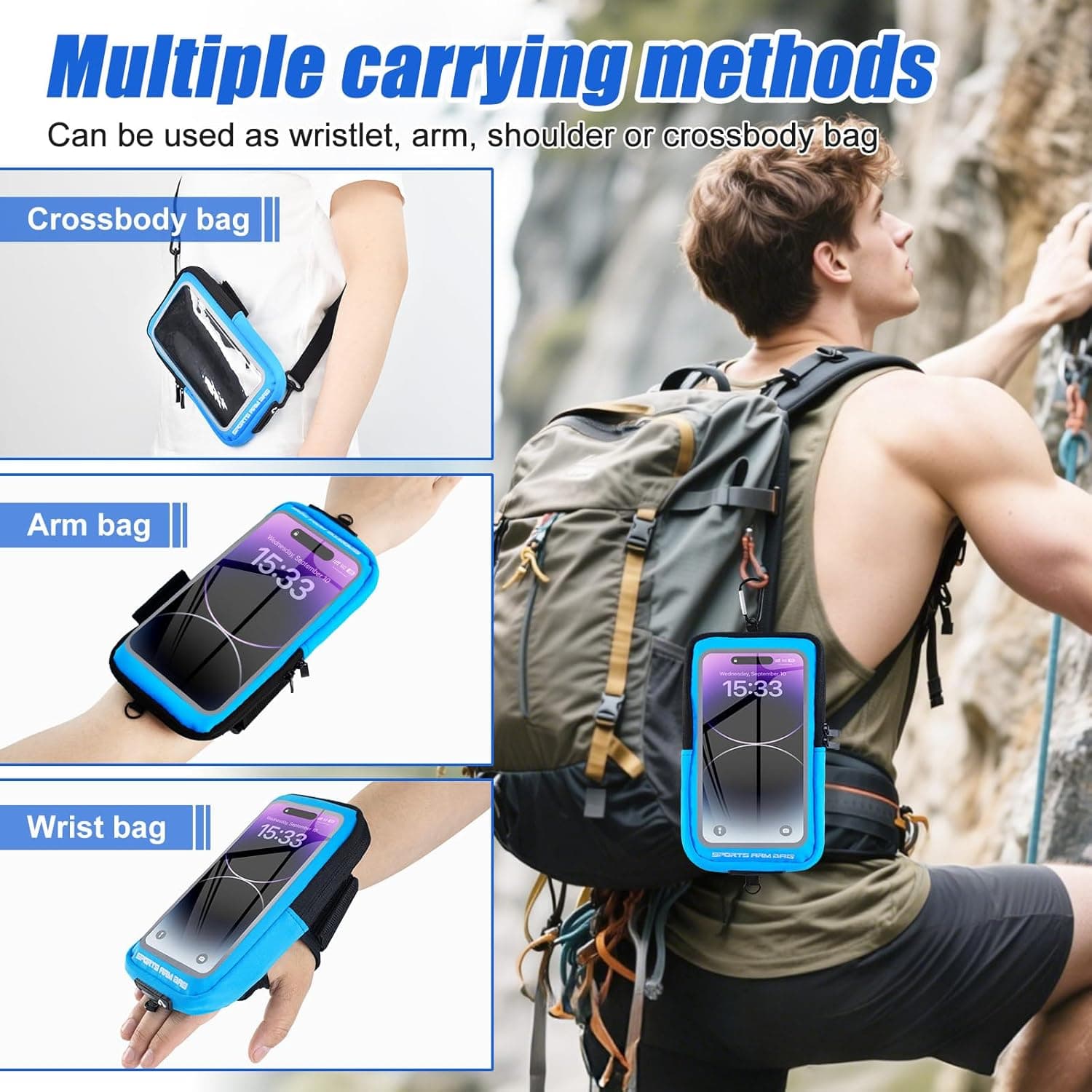 بند مچی نگهدارنده Phone برای Running، کیف Phone کراس‌بادی با محفظه شفاف Touchscreen برای Sport به همراه گیره Carabiner، بازوبند Cell Phone مناسب برای Fitness، Cycling و Hiking (آبی) 3448