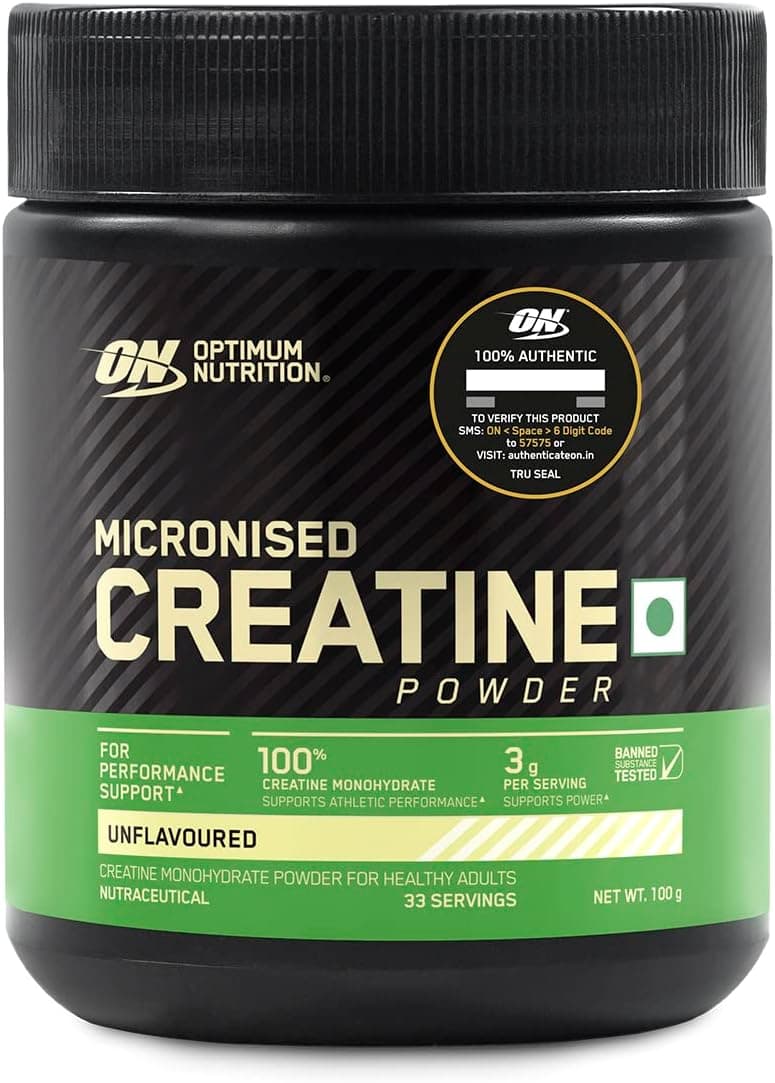 پودر Creatine Micronized Optimum Nutrition (ON) - 100 گرم، 33 سروینگ، 3 گرم Creatine Monohydrate 100% در هر سروینگ، پشتیبانی از عملکرد ورزشی و قدرت، بدون طعم.