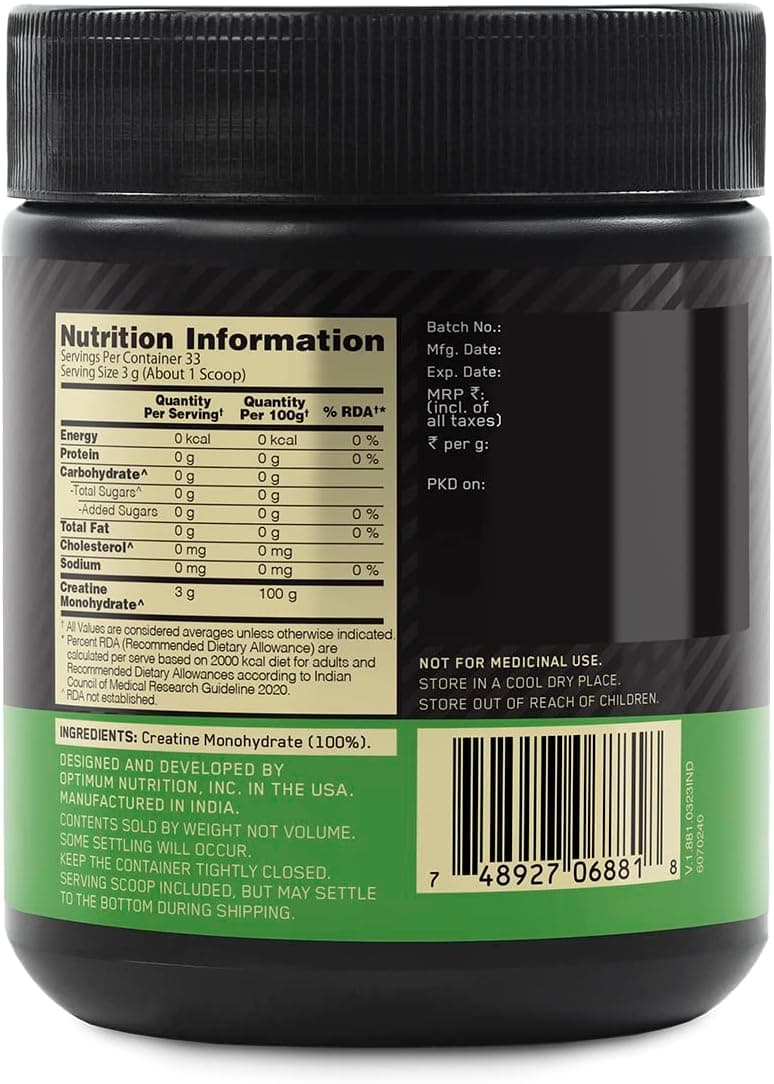 پودر Creatine Micronized Optimum Nutrition (ON) - 100 گرم، 33 سروینگ، 3 گرم Creatine Monohydrate 100% در هر سروینگ، پشتیبانی از عملکرد ورزشی و قدرت، بدون طعم. 3512