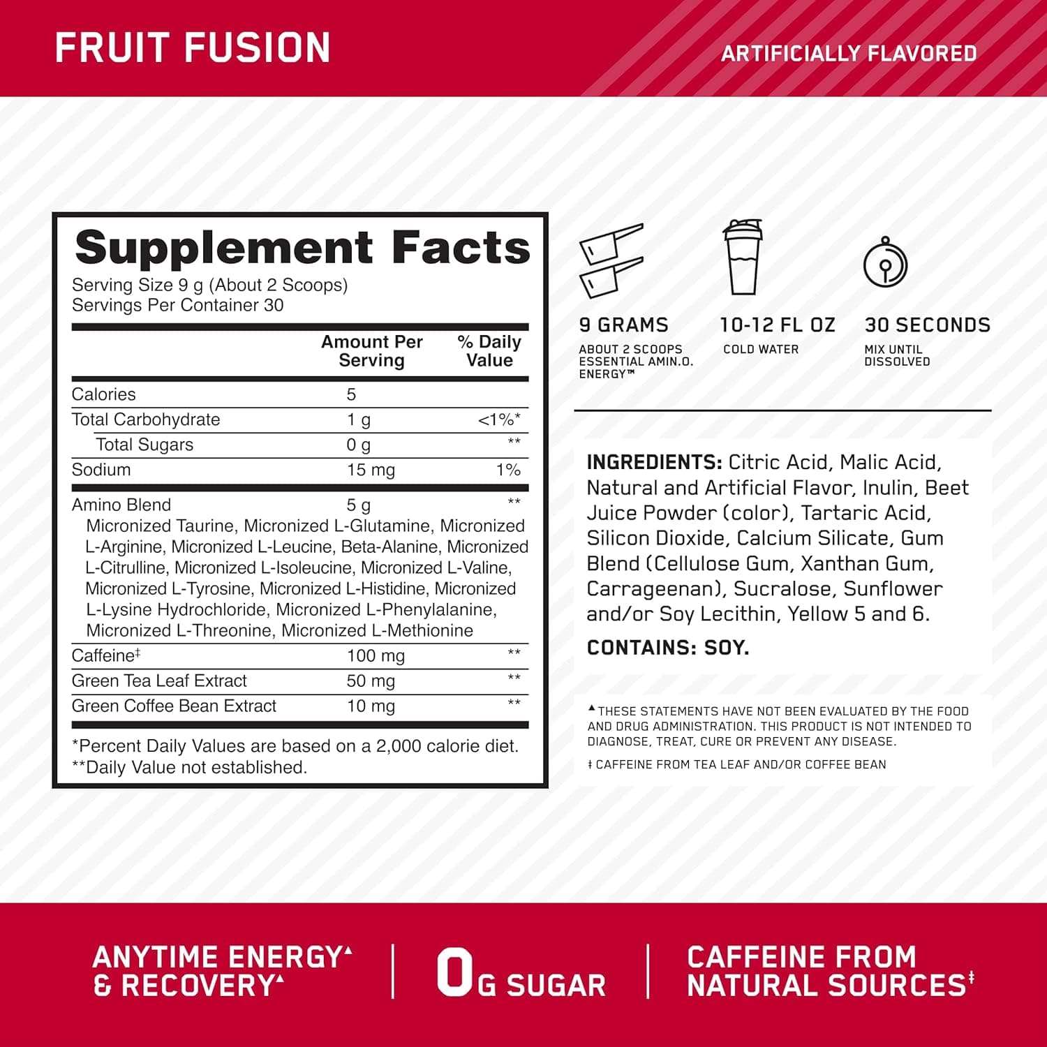 آمینو انرژی Optimum Nutrition (ON) - مکمل قبل از تمرین با Green Tea، BCAA، اسیدهای آمینه، مناسب Keto، عصاره Green Coffee، 0 گرم شکر، پودر انرژی برای هر زمان - طعم Fruit Fusion، 270 گرم، 30 وعده مصرفی Fruit Fusion 30 وعده مصرفی 3524