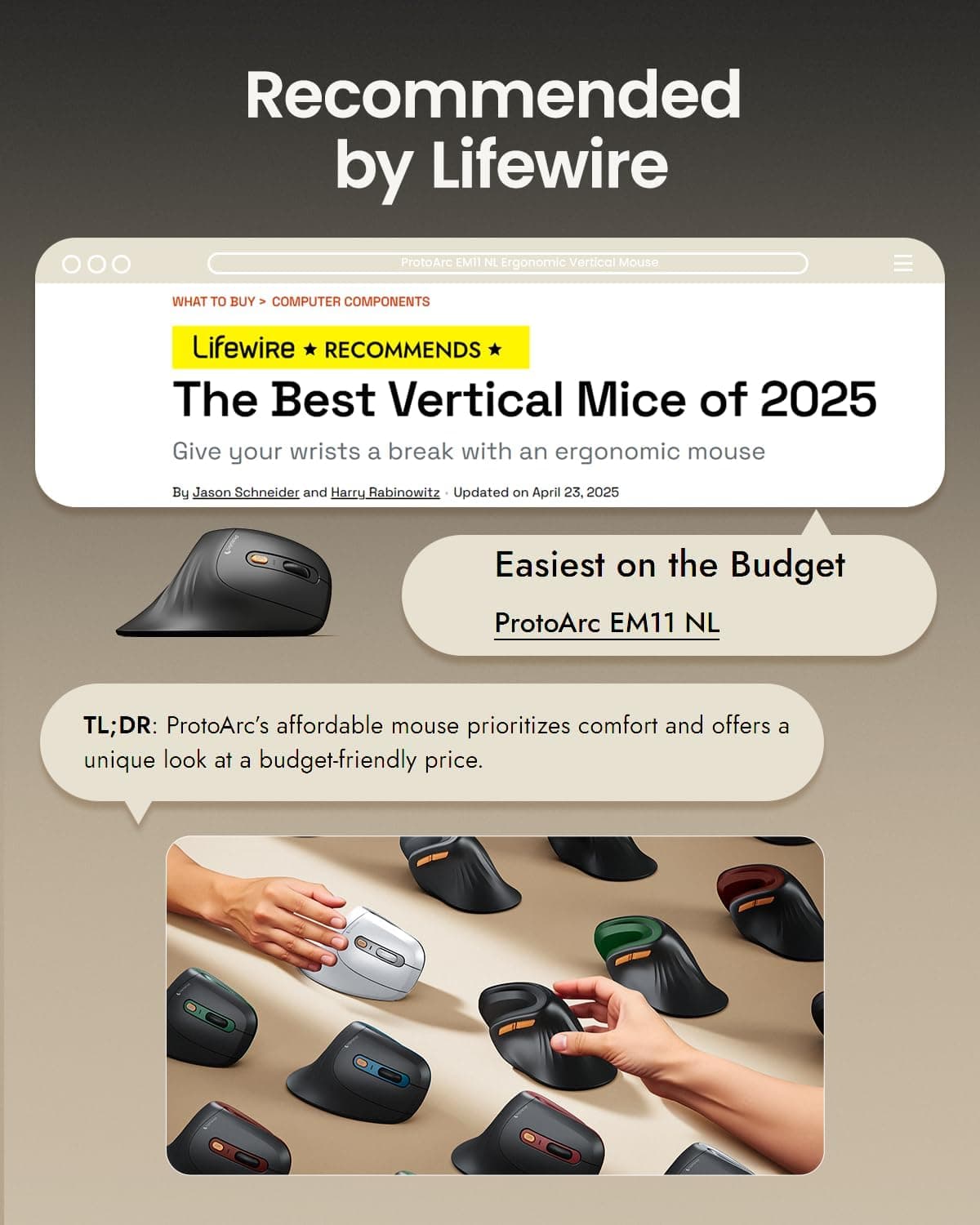 ماوس ارگونومیک ProtoArc، مدل EM11 NL، ماوس عمودی بی‌سیم بلوتوثی قابل شارژ، با قابلیت اتصال به 3 دستگاه مختلف برای Computer/PC/Laptop، ماوس اپتیکال 2.4GHz برای Windows و Mac OS، رنگ سفید طلایی