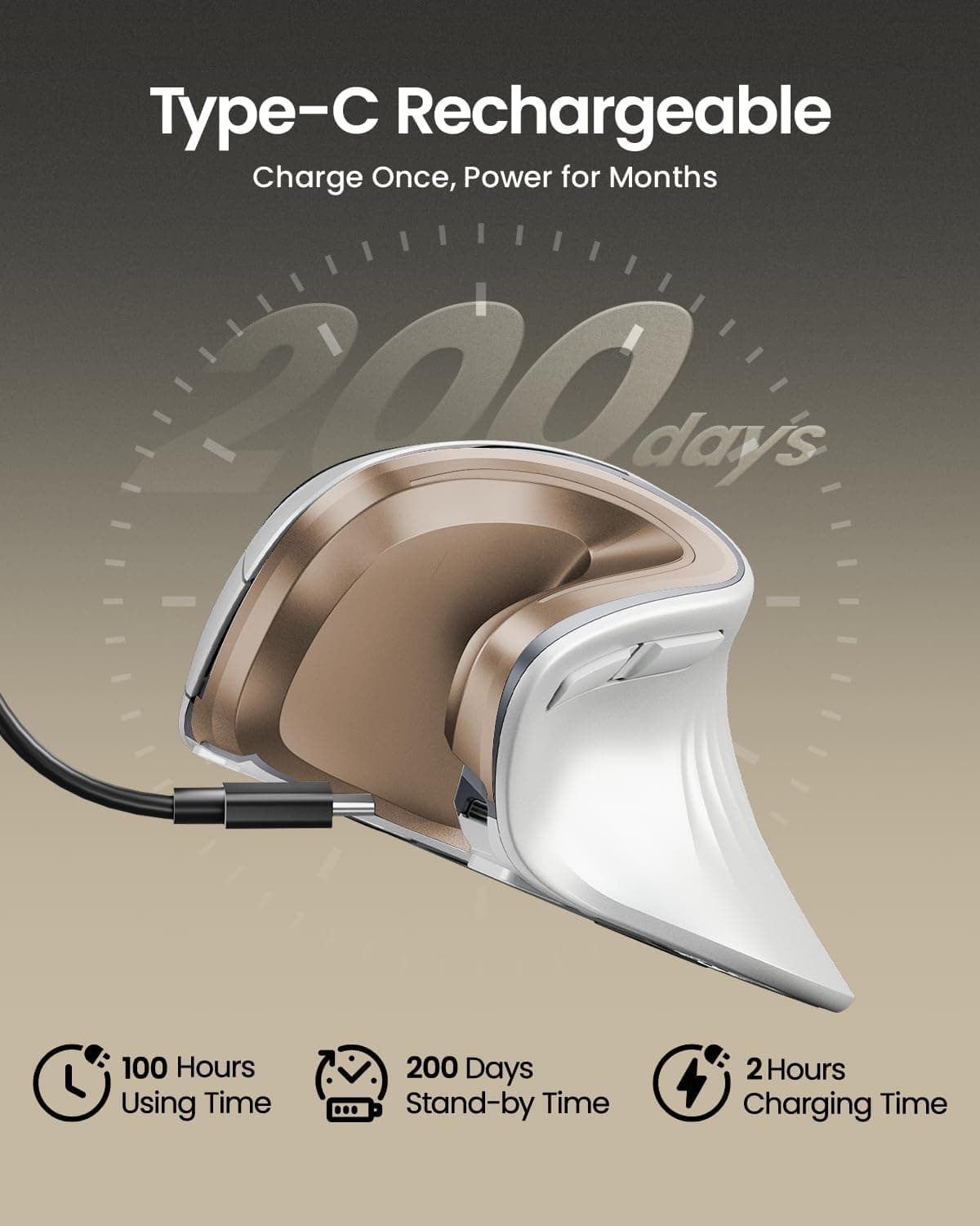 ماوس ارگونومیک ProtoArc، مدل EM11 NL، ماوس عمودی بی‌سیم بلوتوثی قابل شارژ، با قابلیت اتصال به 3 دستگاه مختلف برای Computer/PC/Laptop، ماوس اپتیکال 2.4GHz برای Windows و Mac OS، رنگ سفید طلایی 3561