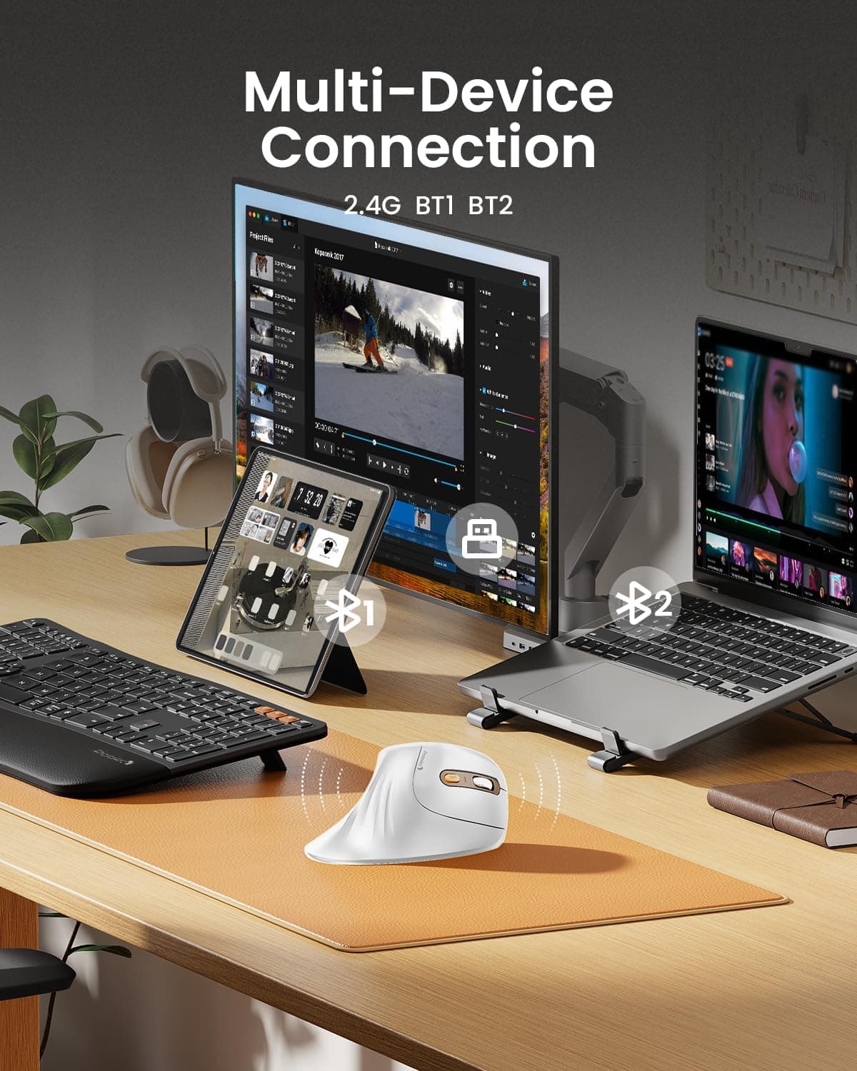 ماوس ارگونومیک ProtoArc، مدل EM11 NL، ماوس عمودی بی‌سیم بلوتوثی قابل شارژ، با قابلیت اتصال به 3 دستگاه مختلف برای Computer/PC/Laptop، ماوس اپتیکال 2.4GHz برای Windows و Mac OS، رنگ سفید طلایی 3562