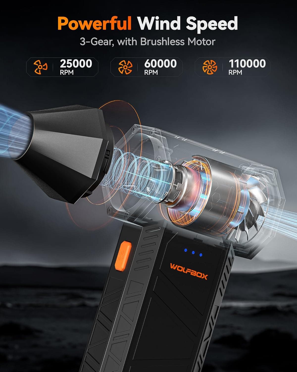 دستگاه دمنده هوای برقی WOLFBOX MF50 - دمنده هوای بی‌سیم فوق‌العاده قدرتمند با سرعت 110000RPM، مینی Blower سه‌سرعته قابل تنظیم با شارژ سریع، دمنده گرد و غبار برای کامپیوتر، کیبورد، خانه، فضای باز و خودرو MF 50