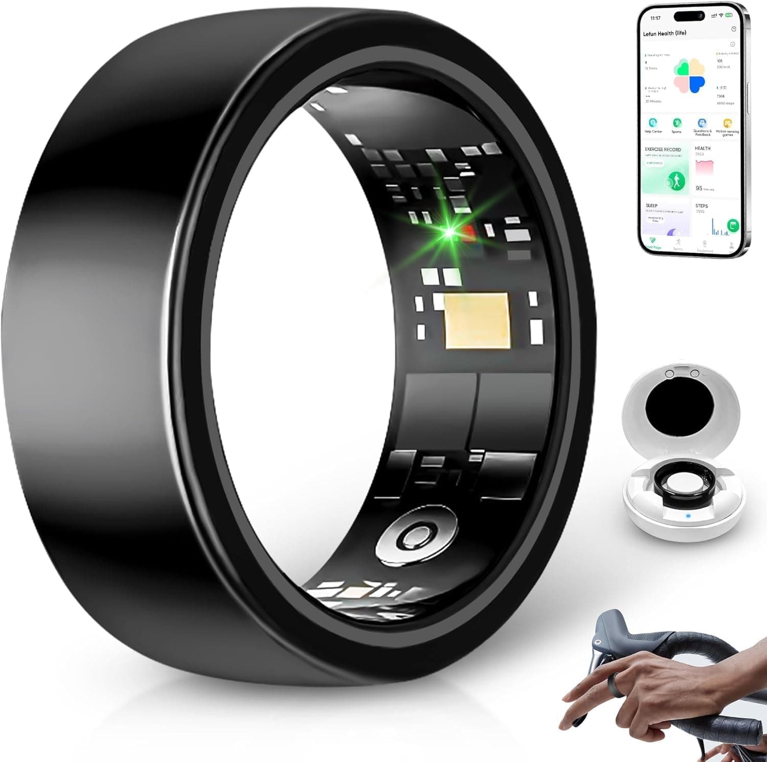 حلقه هوشمند Smart Ring Health Tracker – حلقه تناسب اندام با ردیاب خواب و گام‌ها، حلقه سلامت ضدآب از جنس استیل ضدزنگ با مانیتور ضربان قلب، همراه با کیس شارژ، رنگ مشکی، سایز ۹.