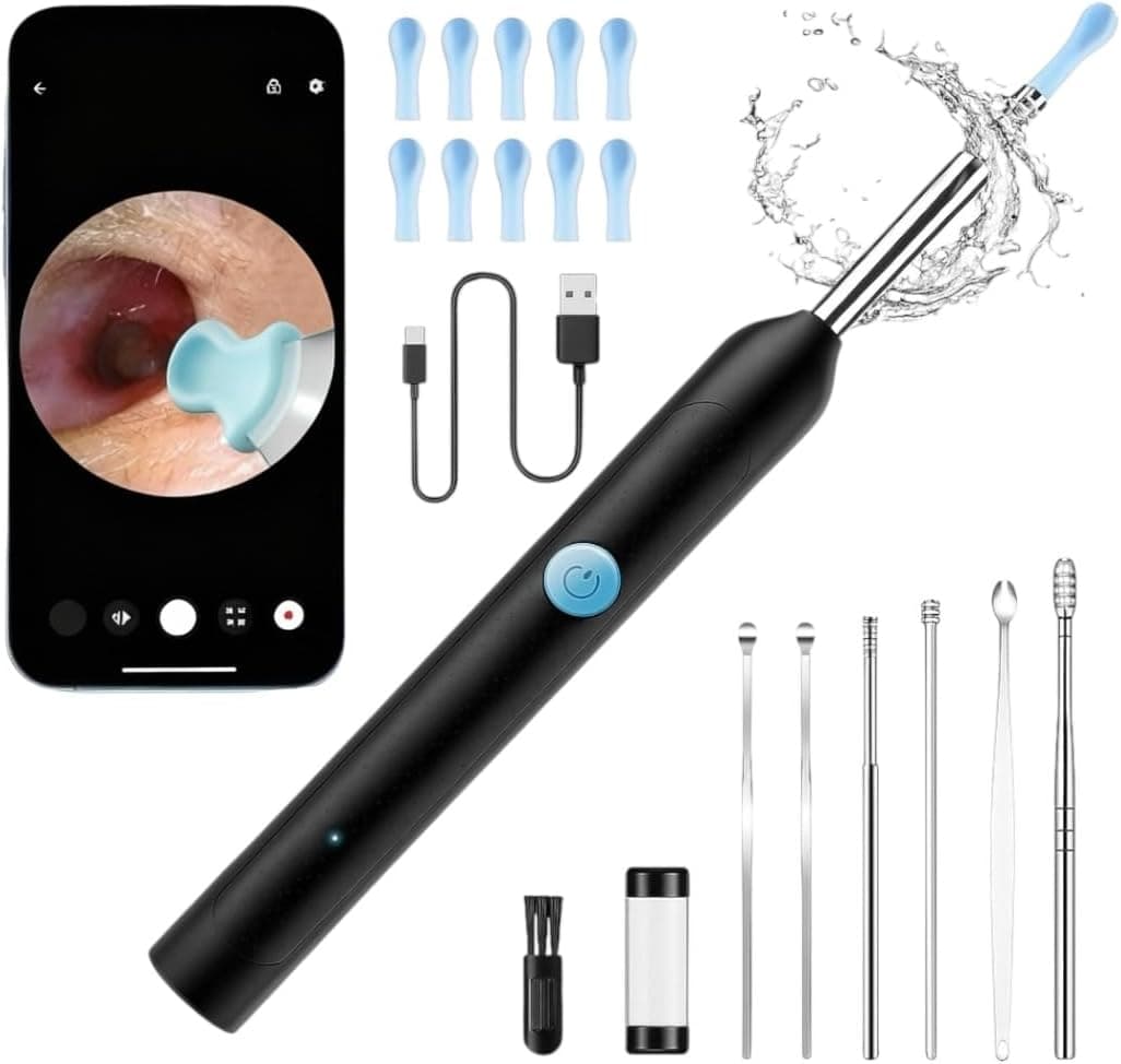 ابزار پاک‌کننده جرم گوش با دوربین HD – شامل دوربین، ۶ چراغ LED، و ابزار تمیزکننده گوش، کیف کامل پاک‌سازی جرم گوش، شارژ از طریق USB و سازگار با Android و iPhone – رنگ مشکی.