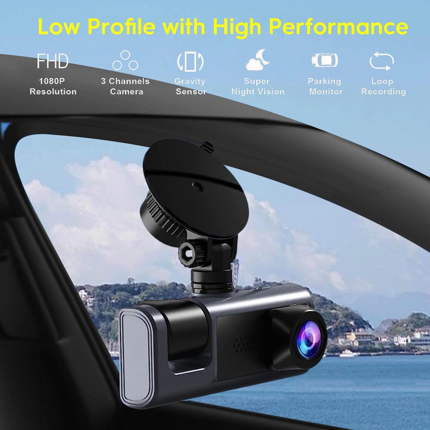 دوربین خودرو ۳ کاناله (جلو، عقب و داخل کابین) – کیفیت 1080P، با دید در شب IR، ضبط حلقه‌ای، سنسور G، مانیتور پارکینگ و ضبط ۲۴ ساعته، دوربین سه‌راهه برای خودرو. 523