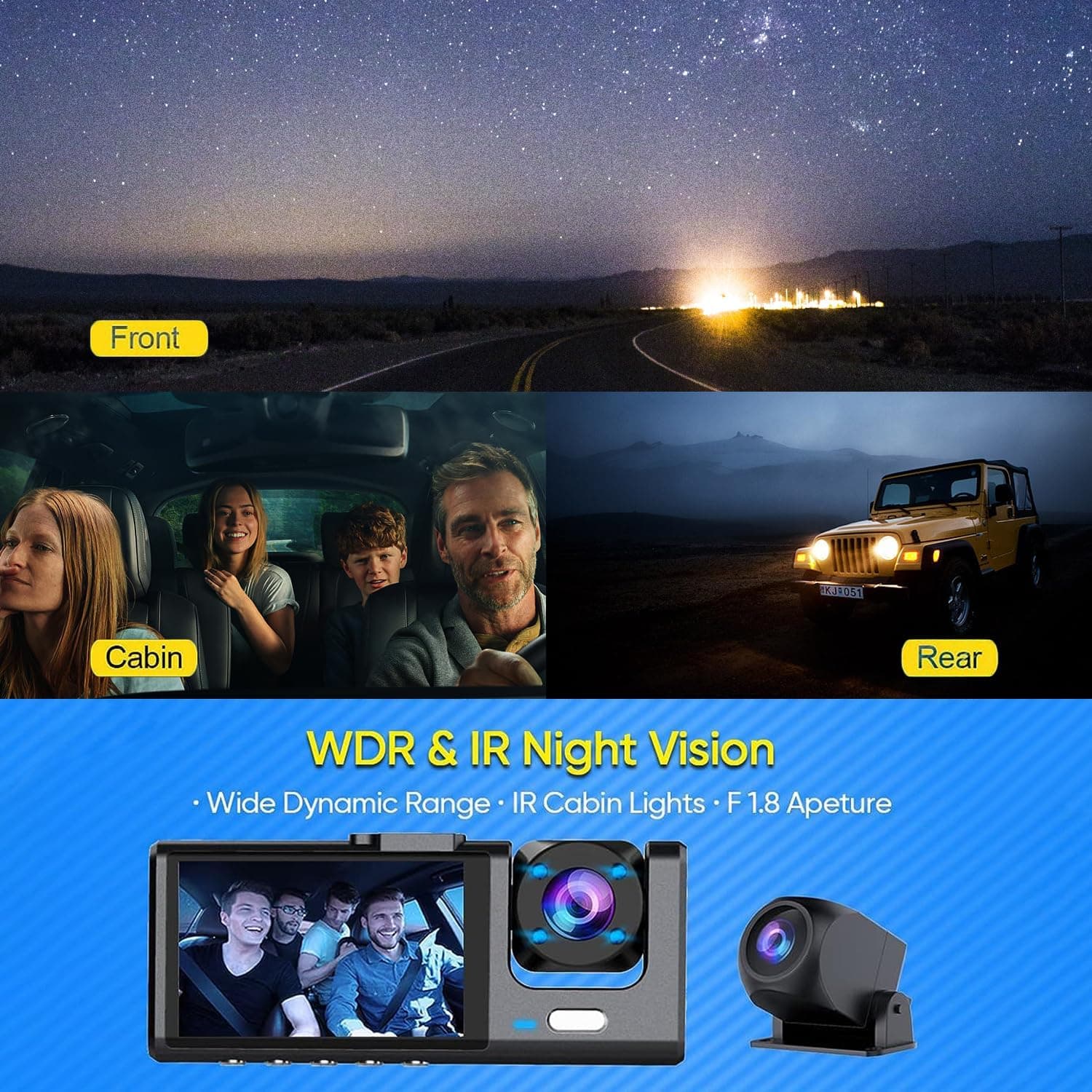 دوربین خودرو ۳ کاناله (جلو، عقب و داخل کابین) – کیفیت 1080P، با دید در شب IR، ضبط حلقه‌ای، سنسور G، مانیتور پارکینگ و ضبط ۲۴ ساعته، دوربین سه‌راهه برای خودرو. 525