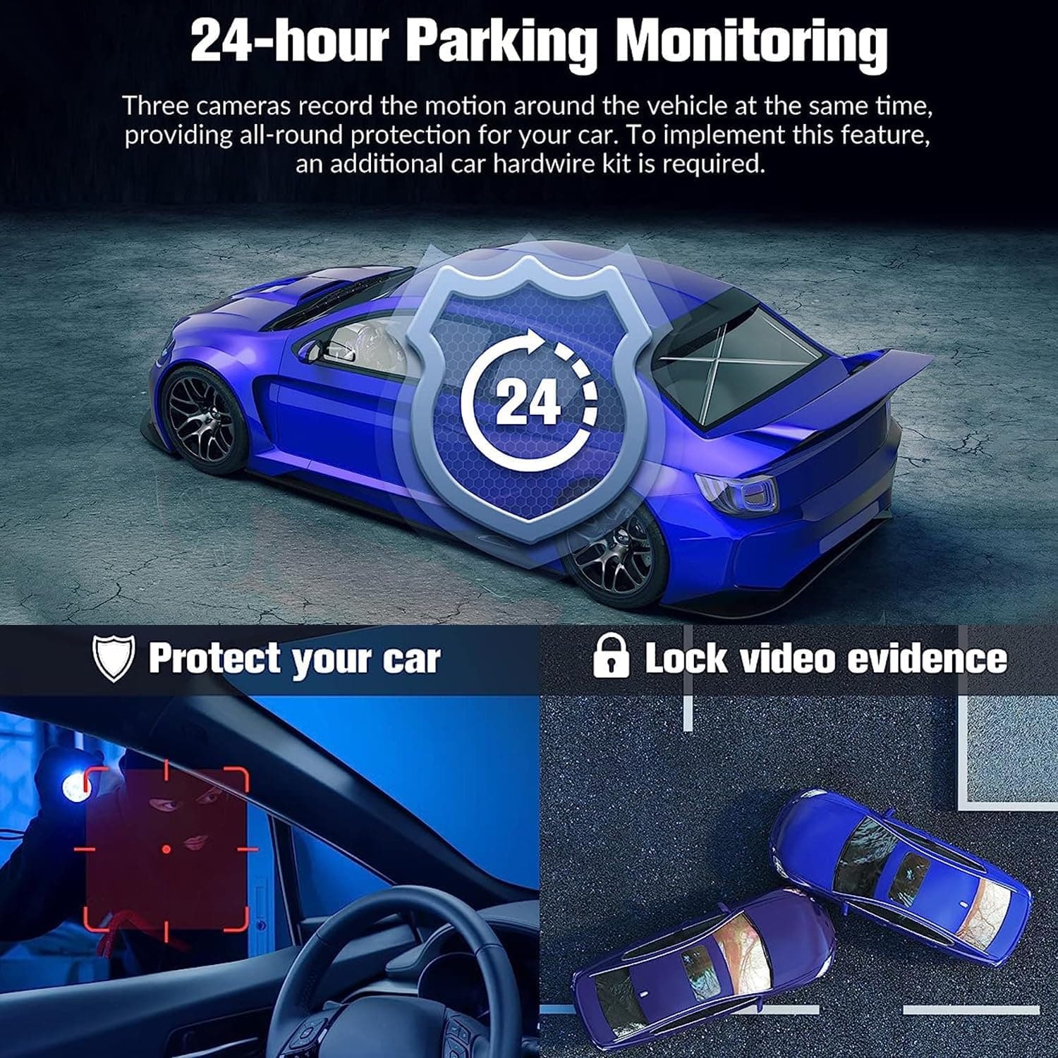 دوربین خودرو ۳ کاناله (جلو، عقب و داخل کابین) – کیفیت 1080P، با دید در شب IR، ضبط حلقه‌ای، سنسور G، مانیتور پارکینگ و ضبط ۲۴ ساعته، دوربین سه‌راهه برای خودرو. 527