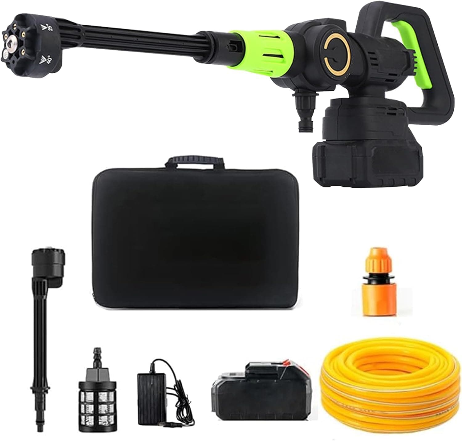 کارواش بی‌سیم با فشار بالا – دستگاه شستشوی قابل حمل خودرو، پاک‌کننده برقی با فشار قابل تنظیم در ۳ حالت، تفنگ شستشوی قابل شارژ برای خودرو، باغ و کف – رنگ سبز.