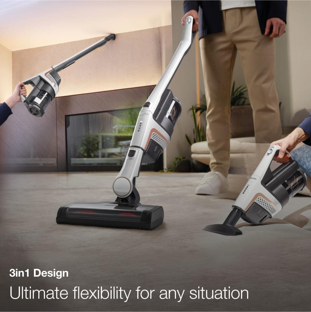 Miele Triflex HX2 جاروبرقی عصایی بی‌سیم – با طراحی منحصربه‌فرد ۳ در ۱ ثبت‌شده و فیلتر HEPA، رنگ سفید لوتوس.