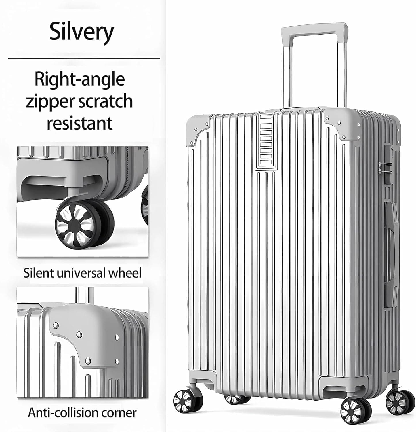 ست چمدان، ۳ تکه (۲۰/۲۴/۲۸ اینچ) چمدان با چرخ‌های یونیورسال PC+ABS هاردشل بادوام، قیمت حراج (نقره‌ای) 755